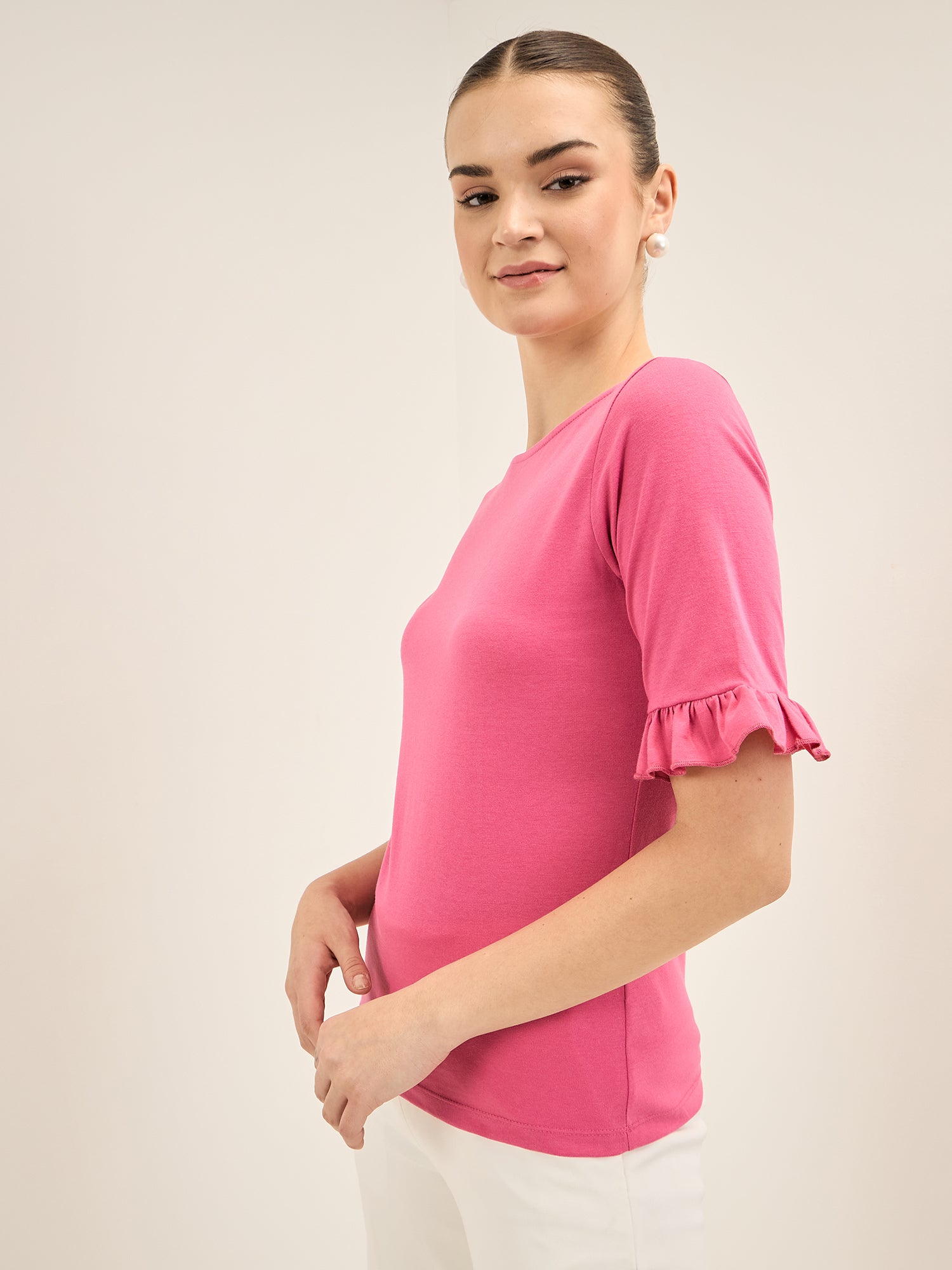 Cushy Tee-Pink Ruffled Sleeves T-Shirt - Pink