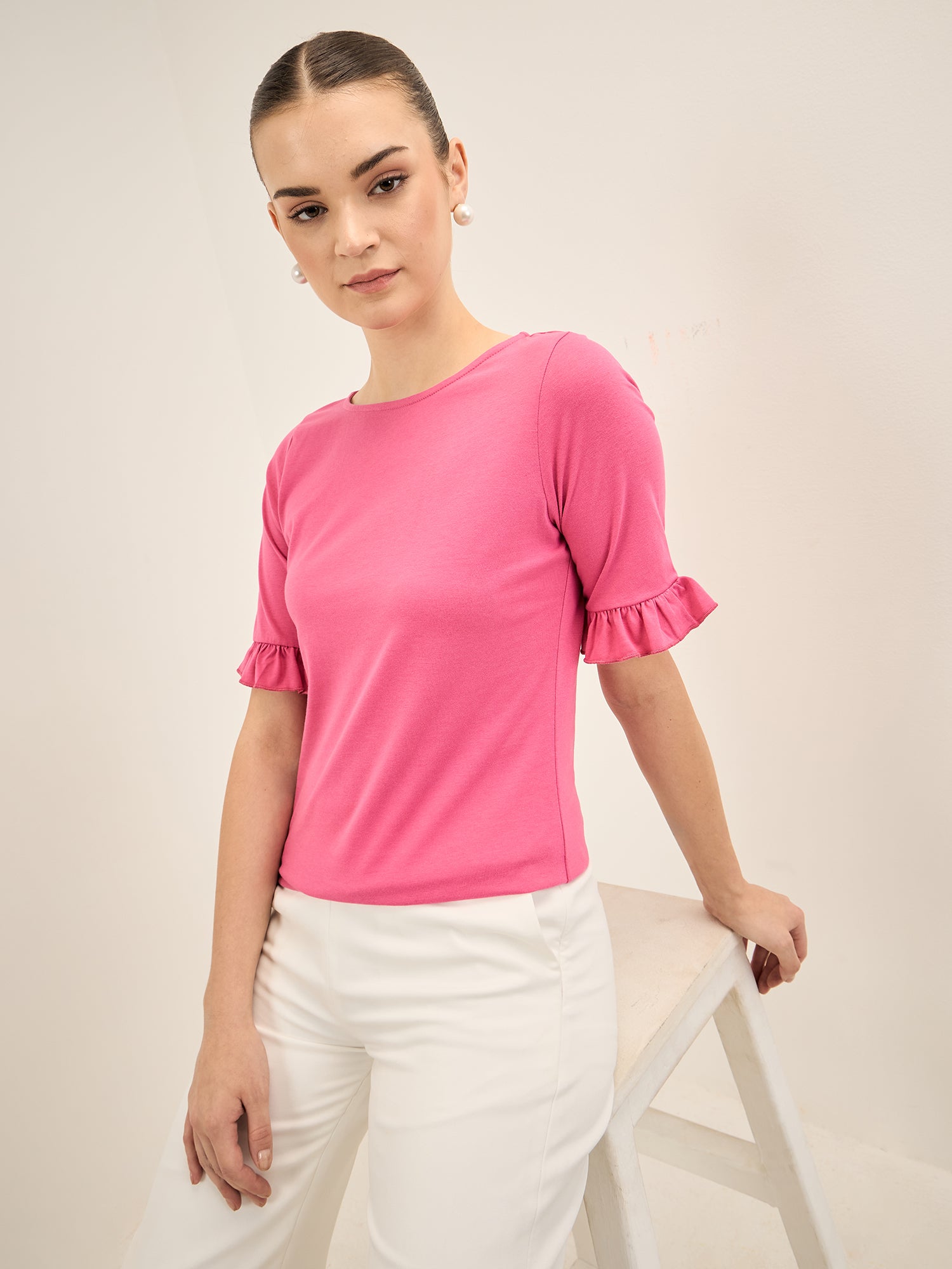 Cushy Tee-Pink Ruffled Sleeves T-Shirt - Pink