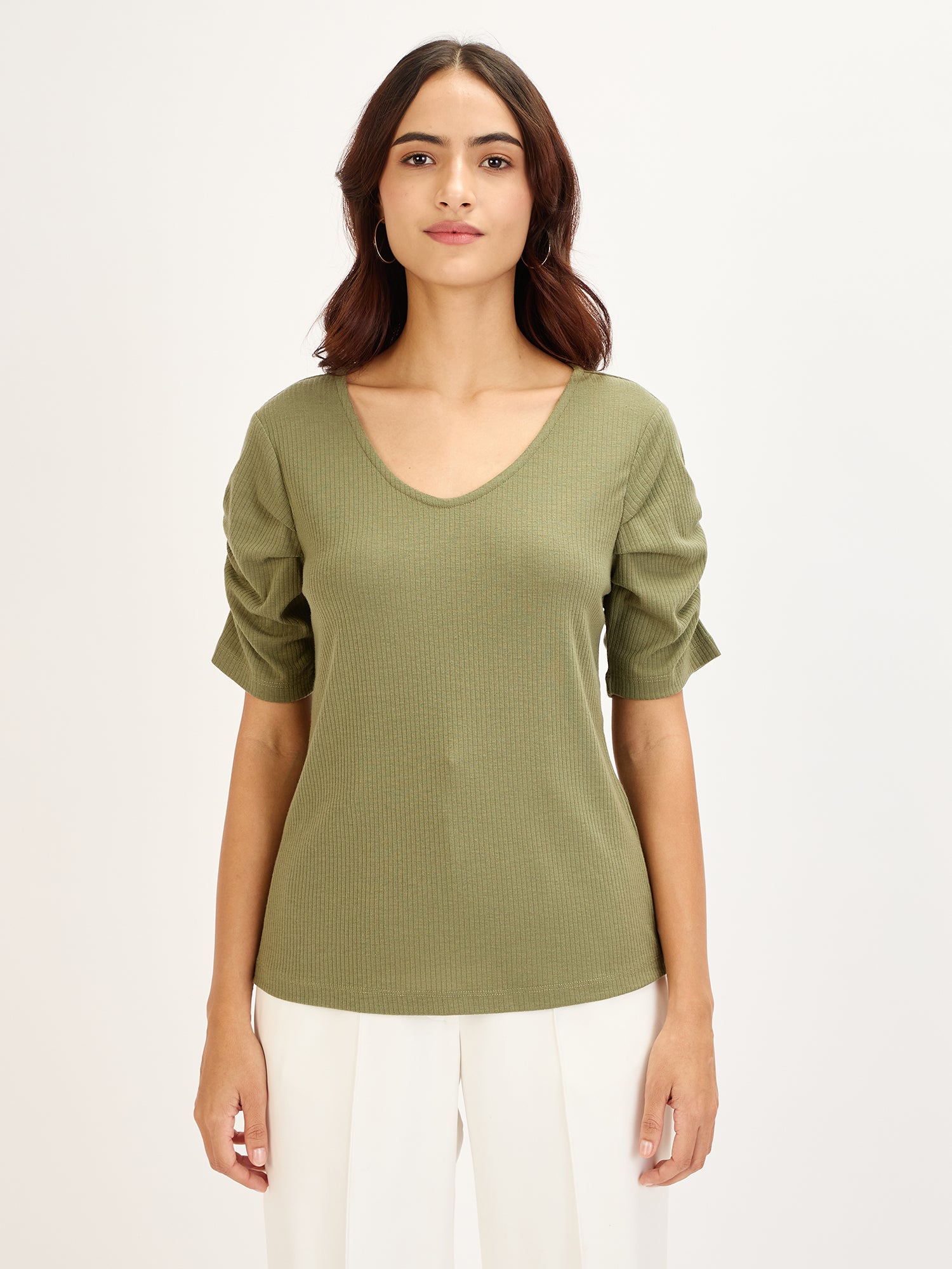 Leisure Tee-Green Ruched Sleeves T-Shirt - Green