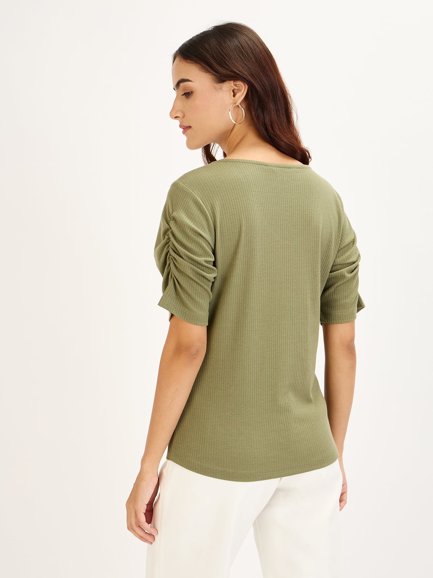 Leisure Tee-Green Ruched Sleeves T-Shirt - Green