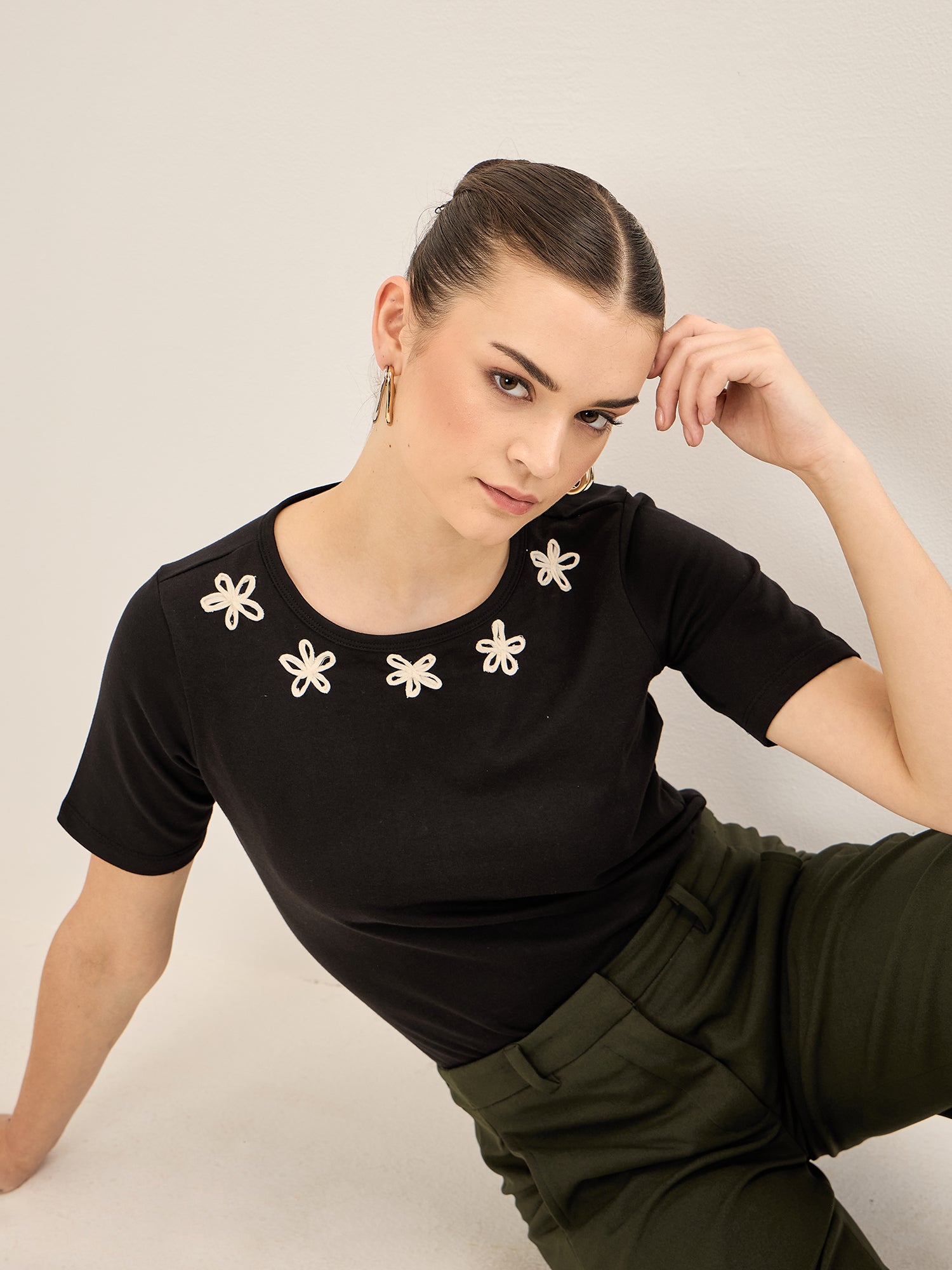 Doodle Tee-Black Applique T-Shirt - Black & White