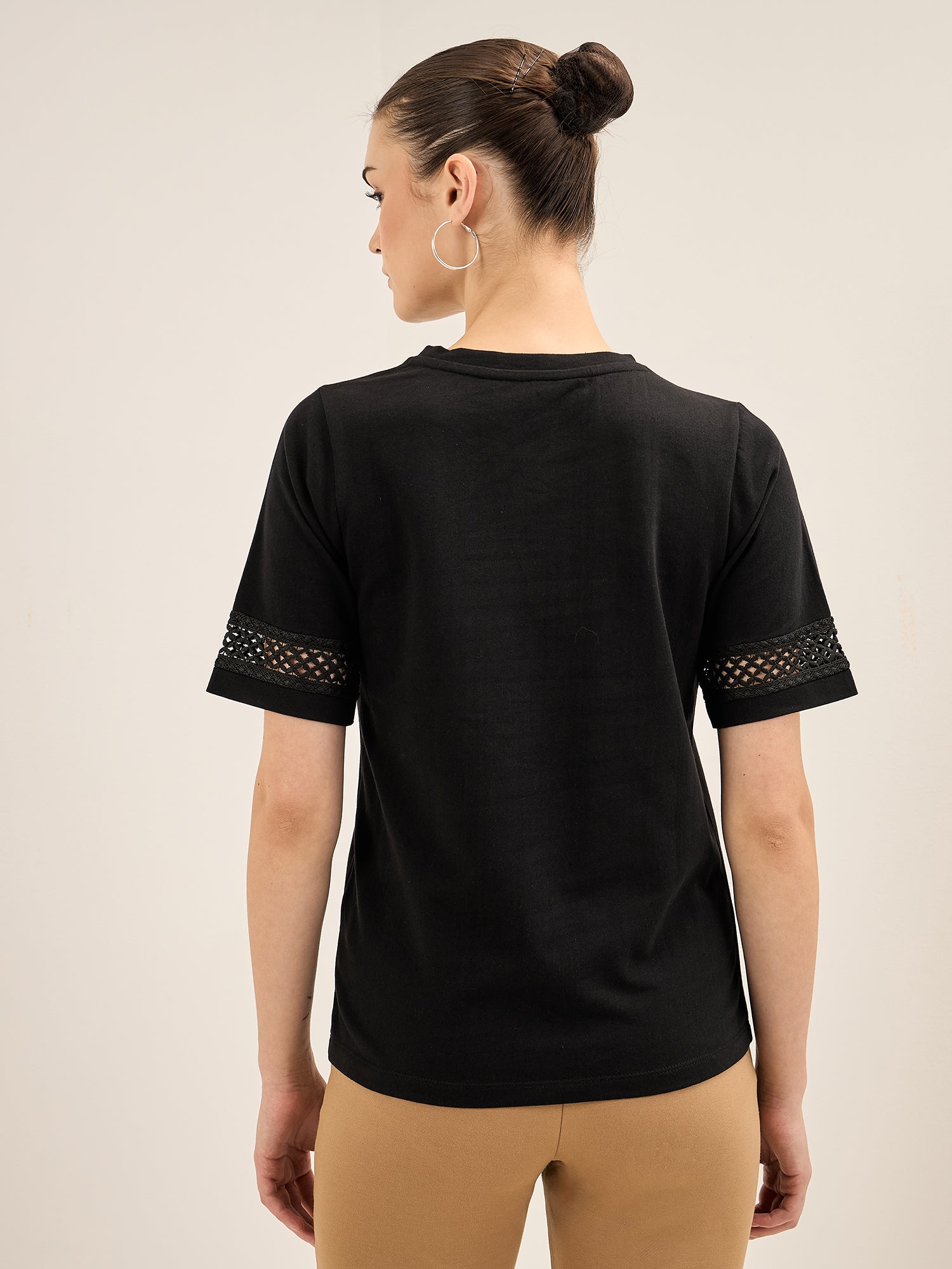 Eyelet Tee-Black Lace Insert T-Shirt - Black