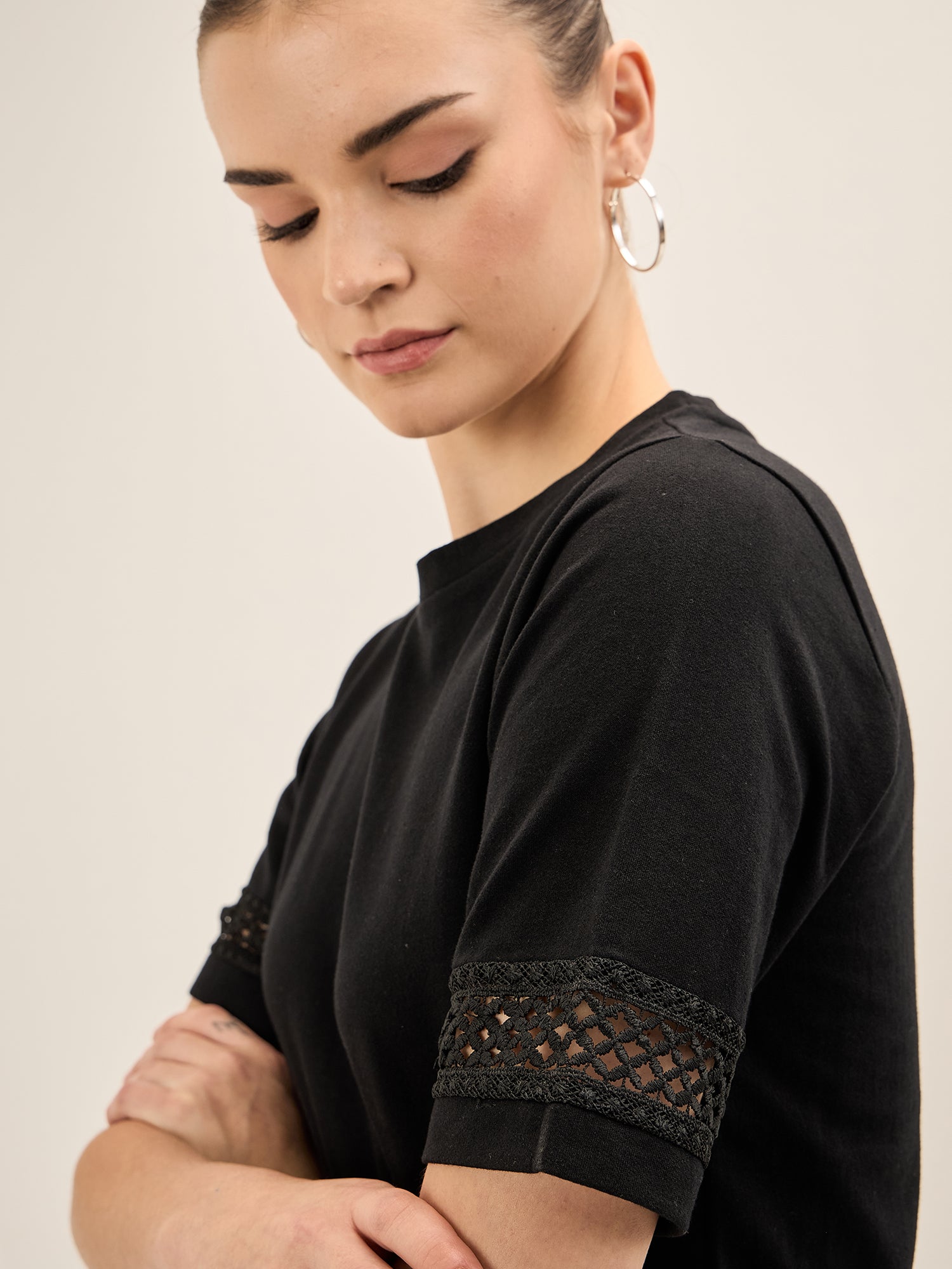 Eyelet Tee-Black Lace Insert T-Shirt - Black