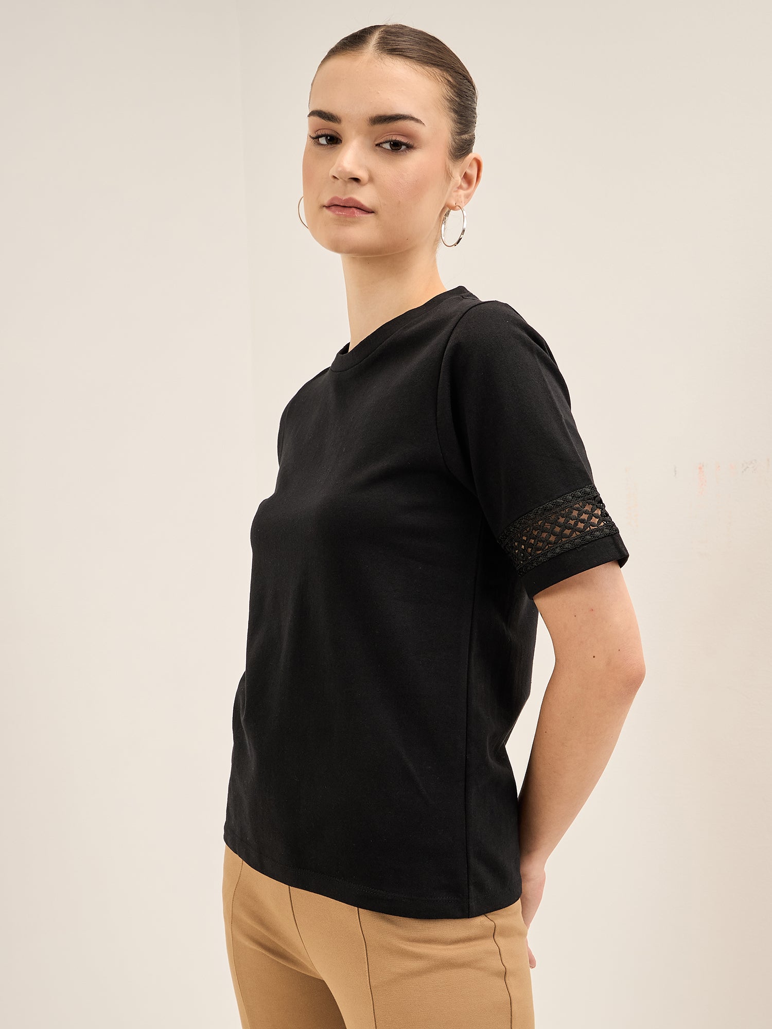 Eyelet Tee-Black Lace Insert T-Shirt - Black