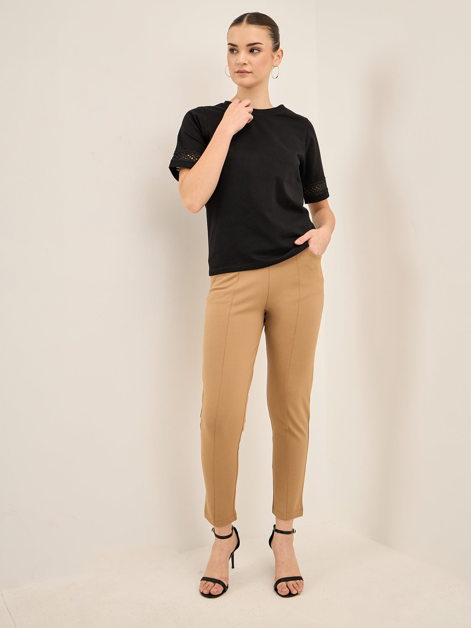 Eyelet Tee-Black Lace Insert T-Shirt - Black