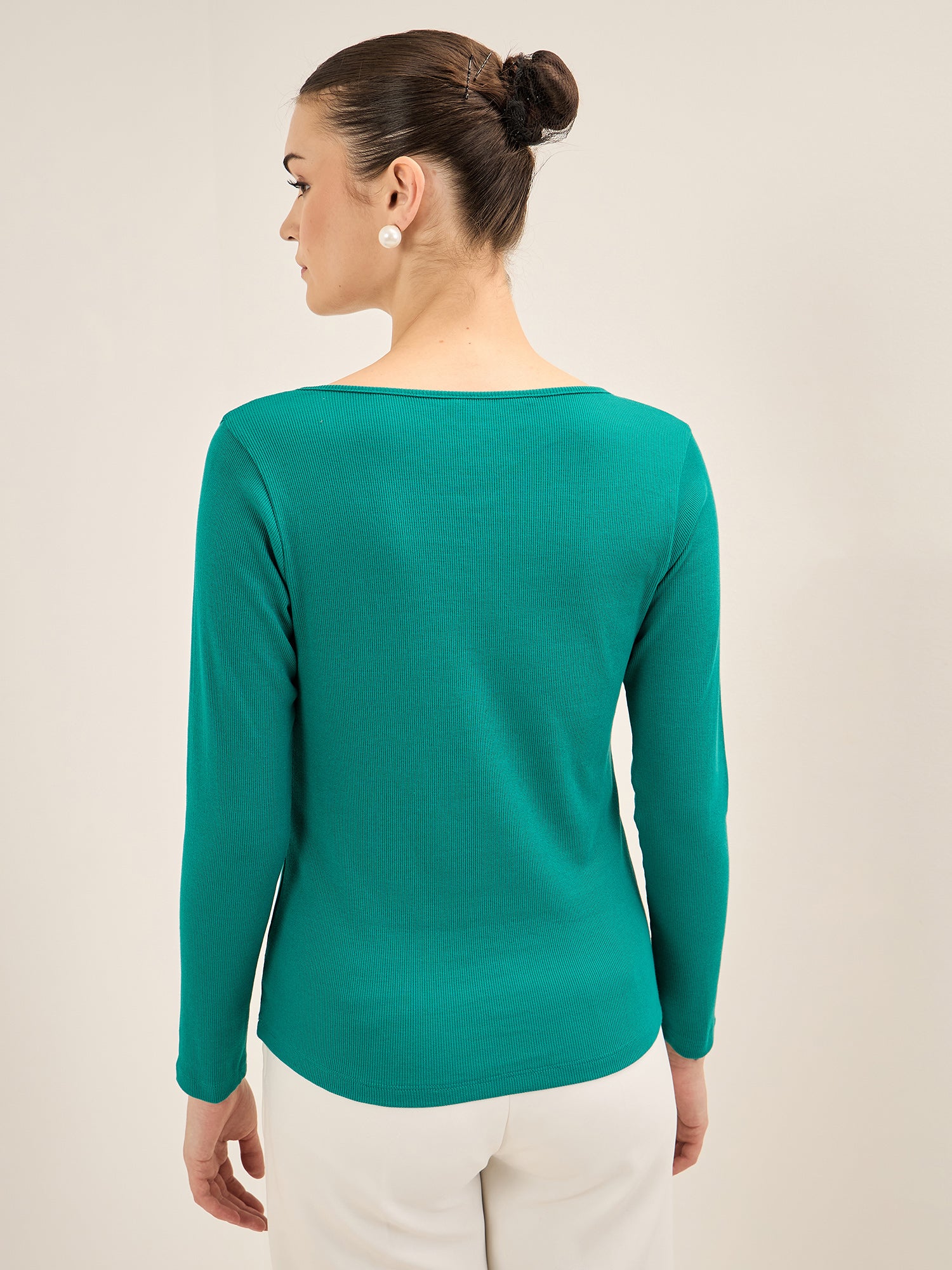 Everly-Green Keyhole Detail Rib Knit Top - Green