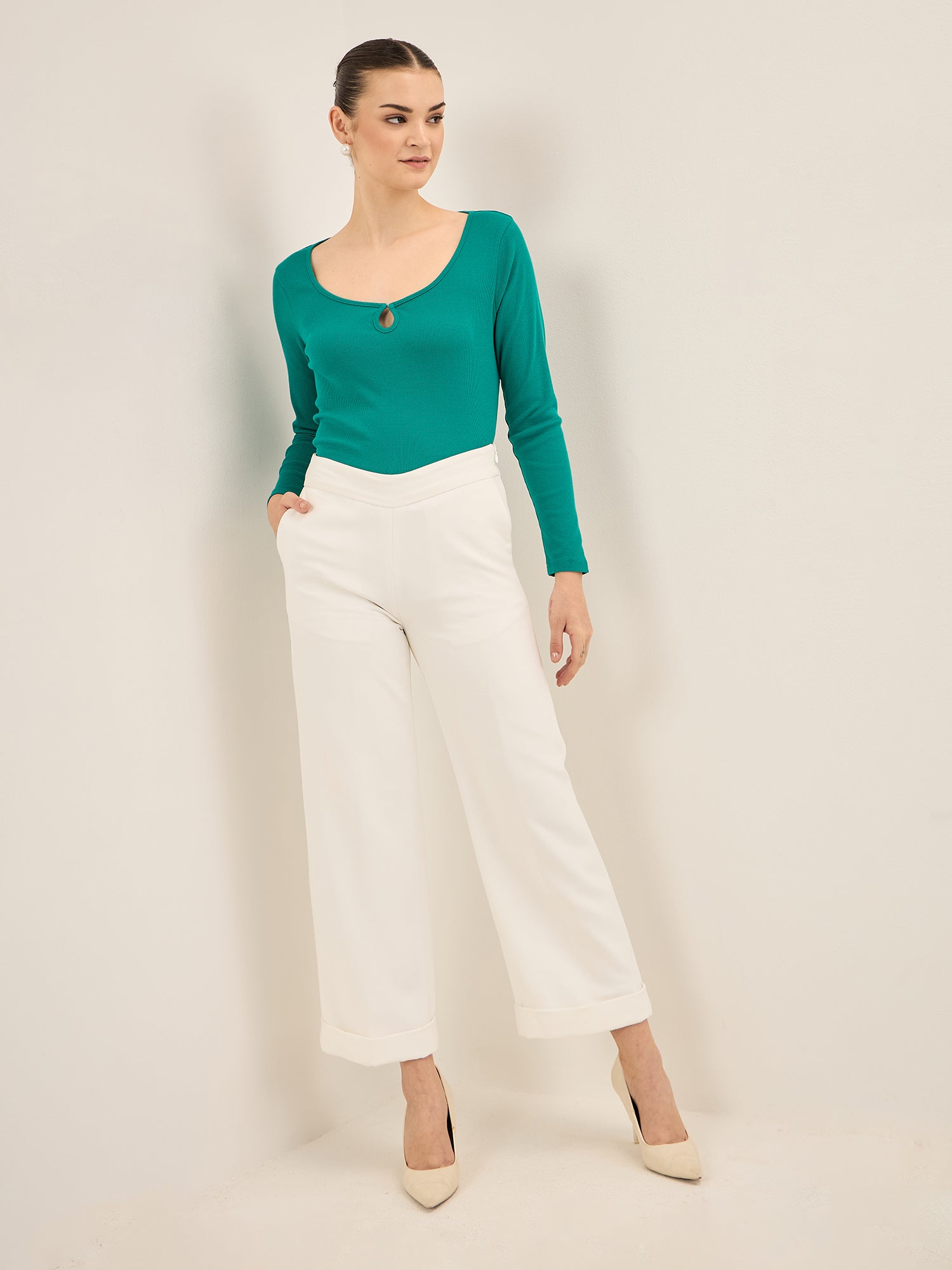 Everly-Green Keyhole Detail Rib Knit Top - Green