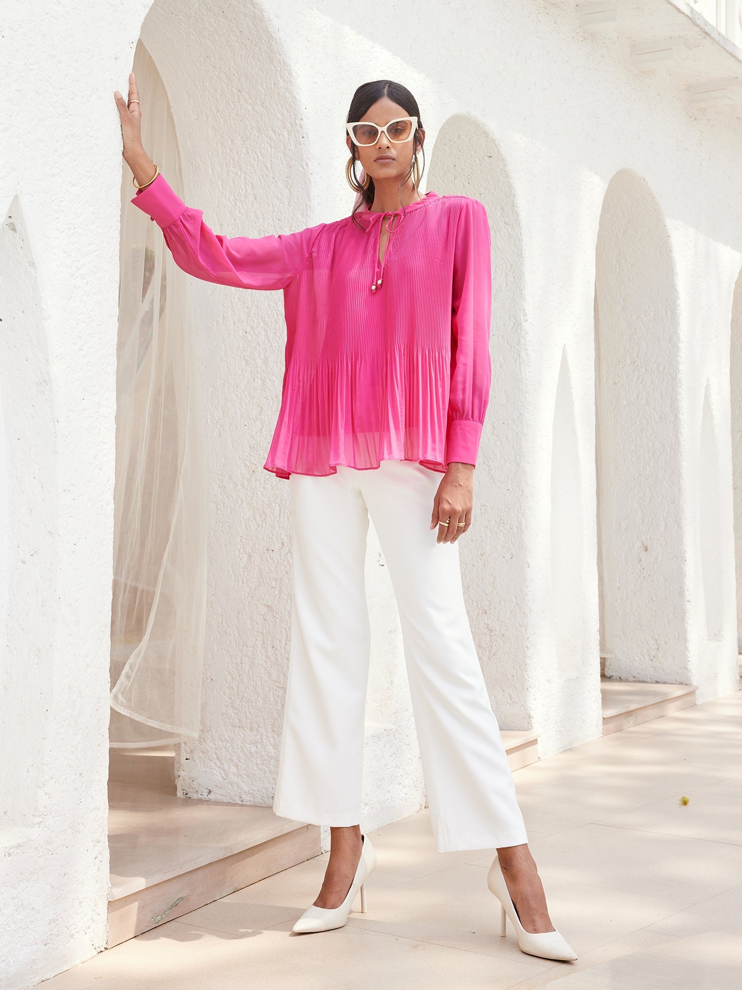 Rico Pleated Drawstring Neckline Top - Pink