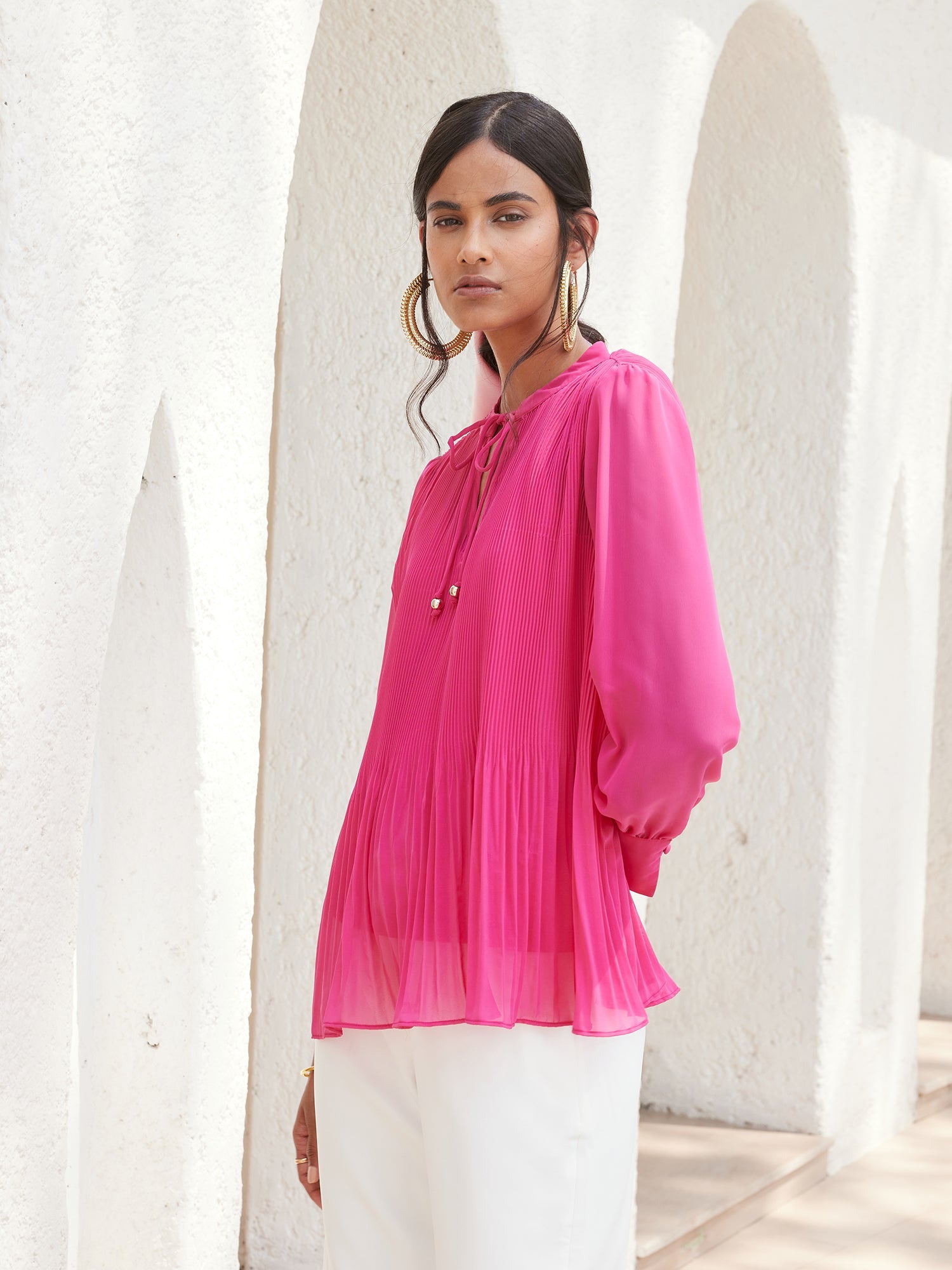 Rico Pleated Drawstring Neckline Top - Pink