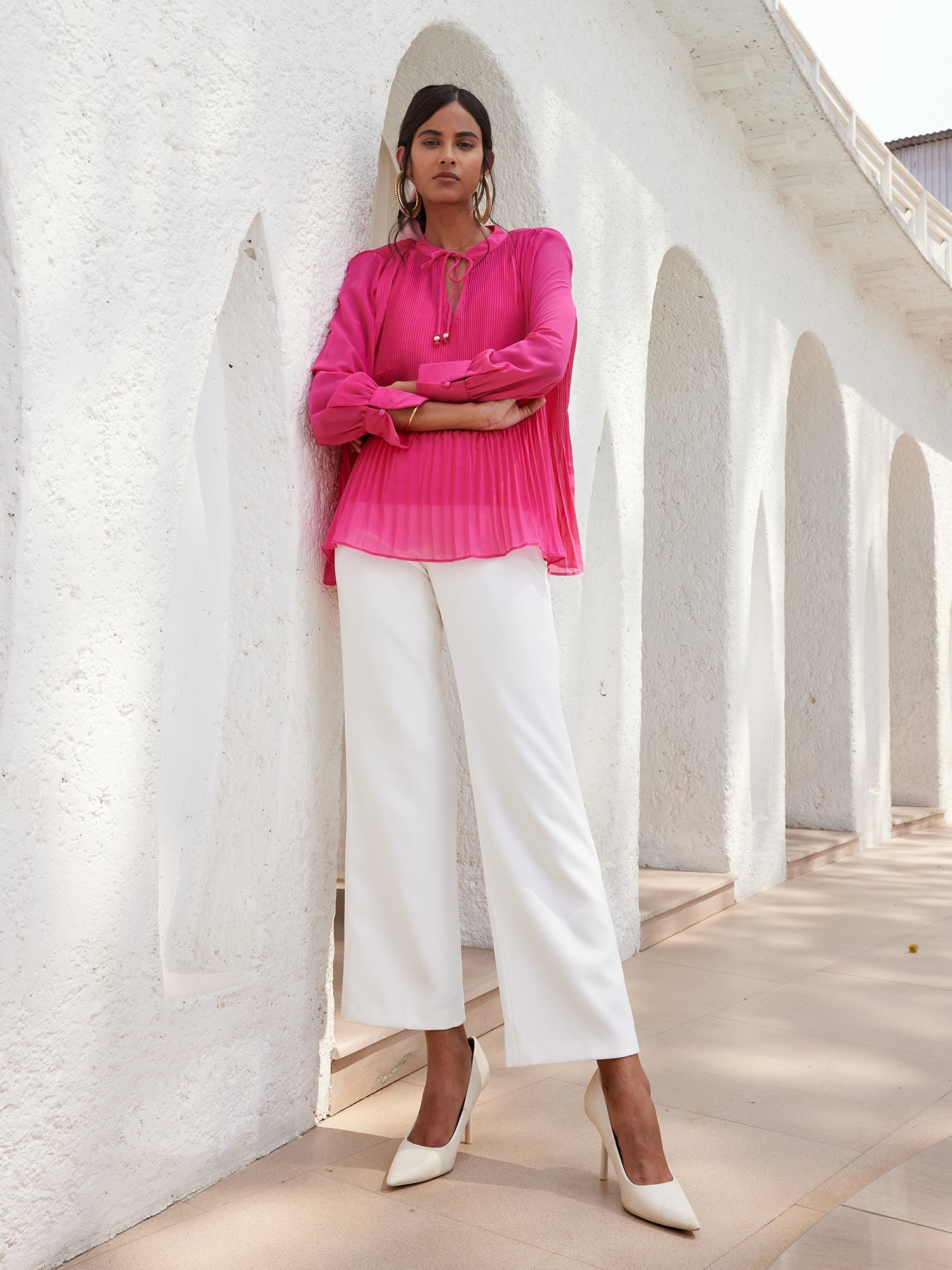 Rico Pleated Drawstring Neckline Top - Pink
