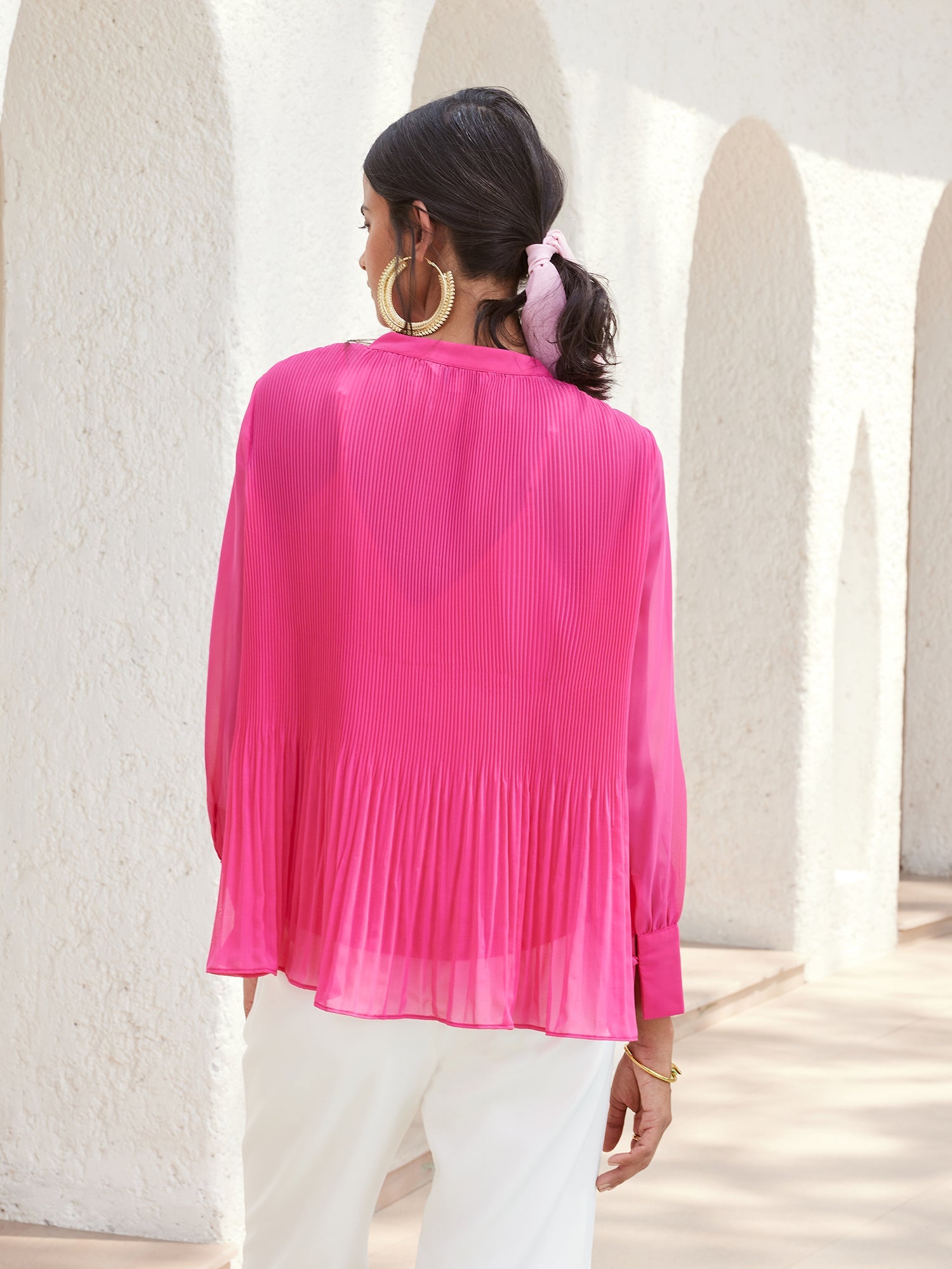 Rico Pleated Drawstring Neckline Top - Pink