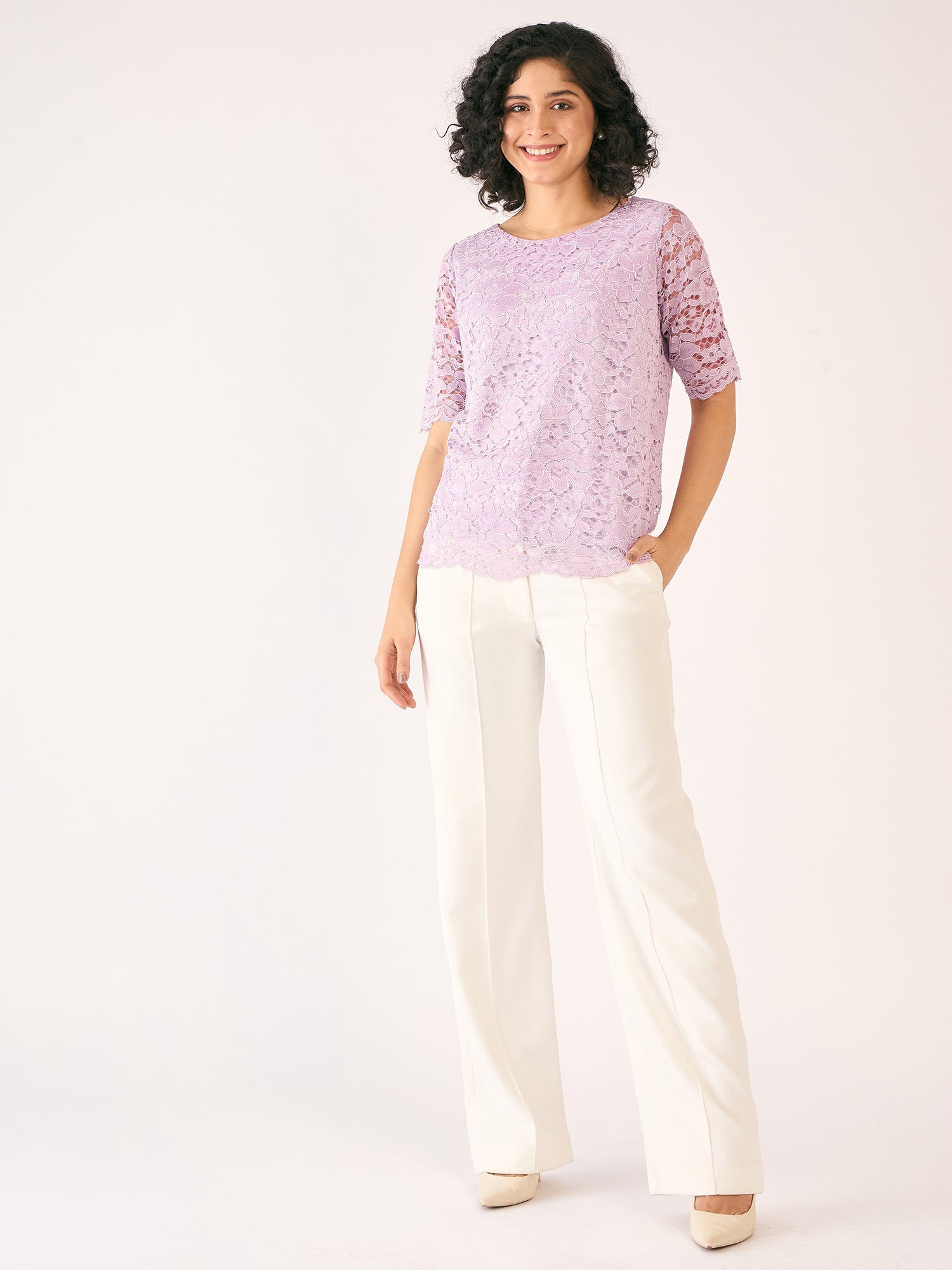Mirabelle Boat Neck Lace Top-Lilac