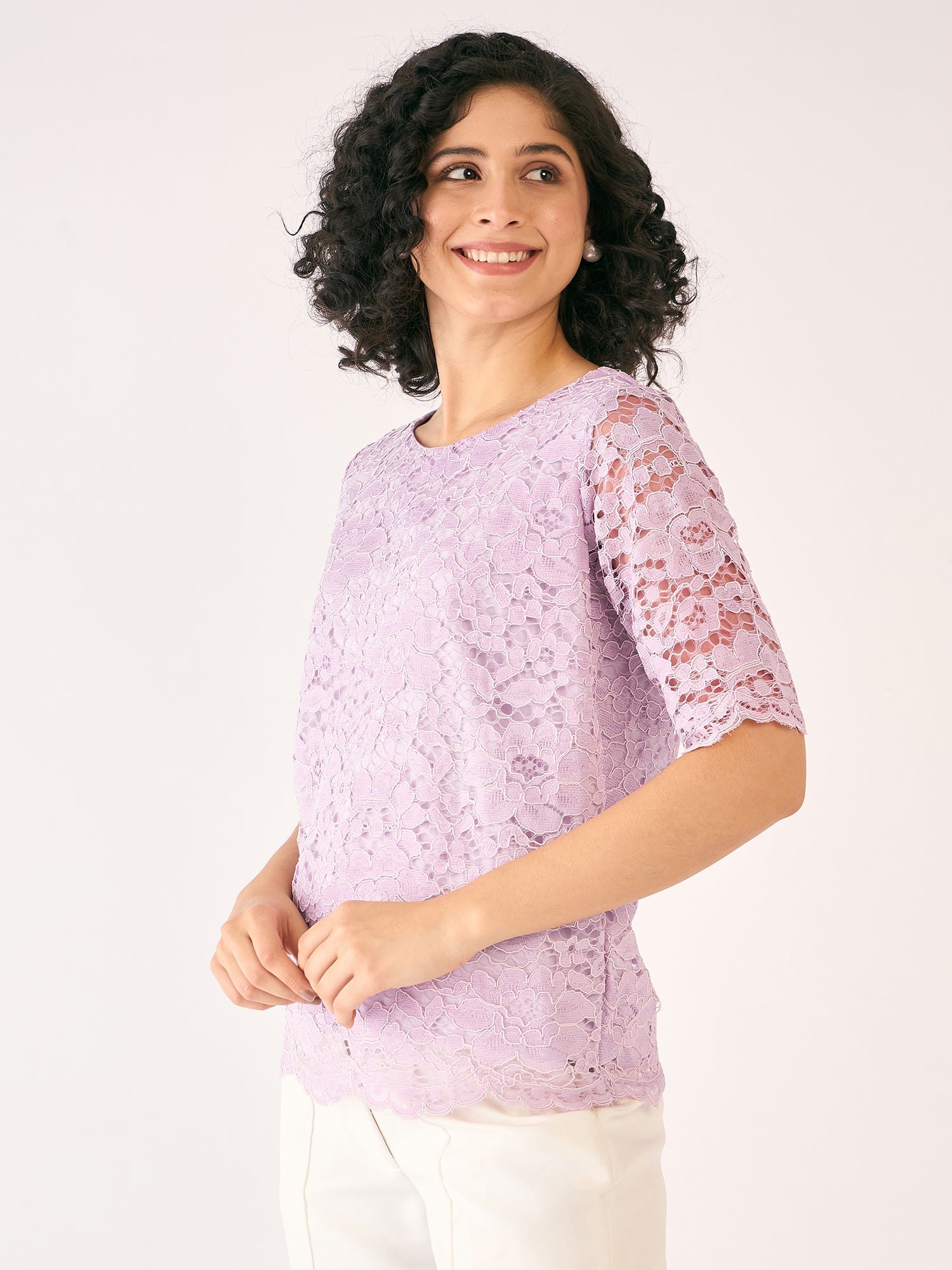 Mirabelle Boat Neck Lace Top-Lilac
