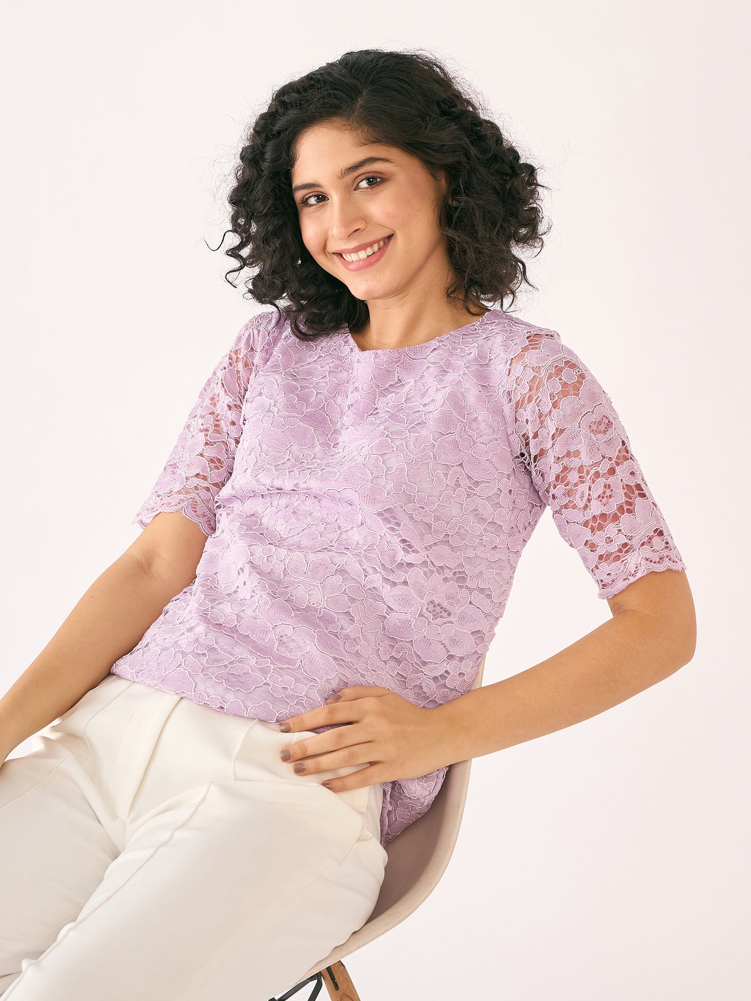 Mirabelle Boat Neck Lace Top-Lilac
