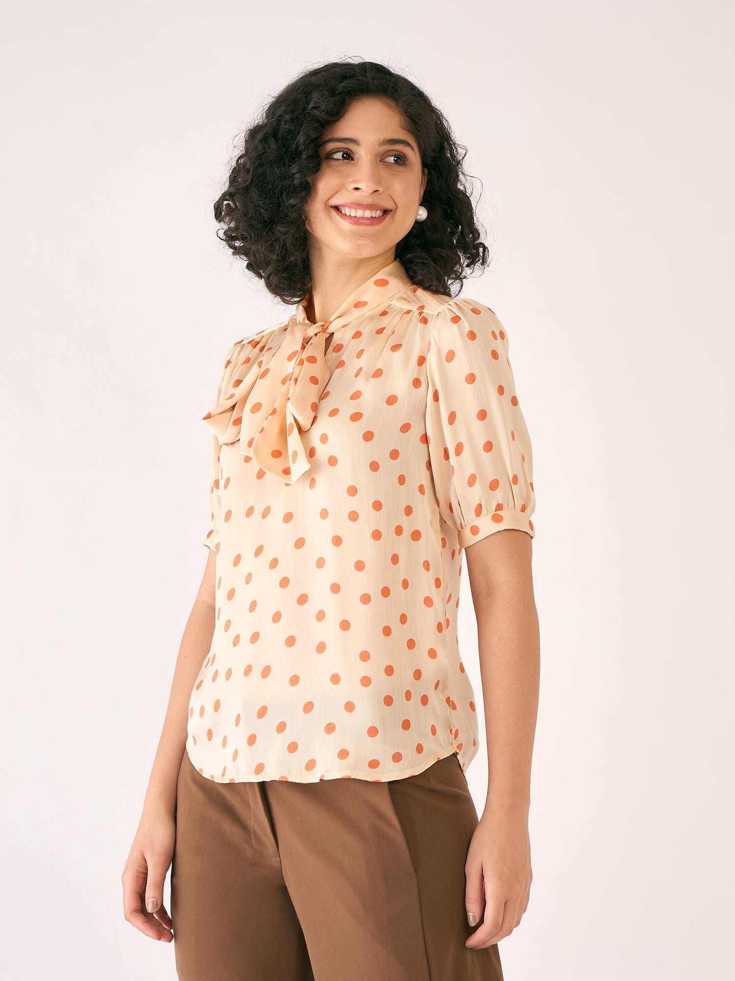 Celestia Polka Neck Tie Top-White/Orange