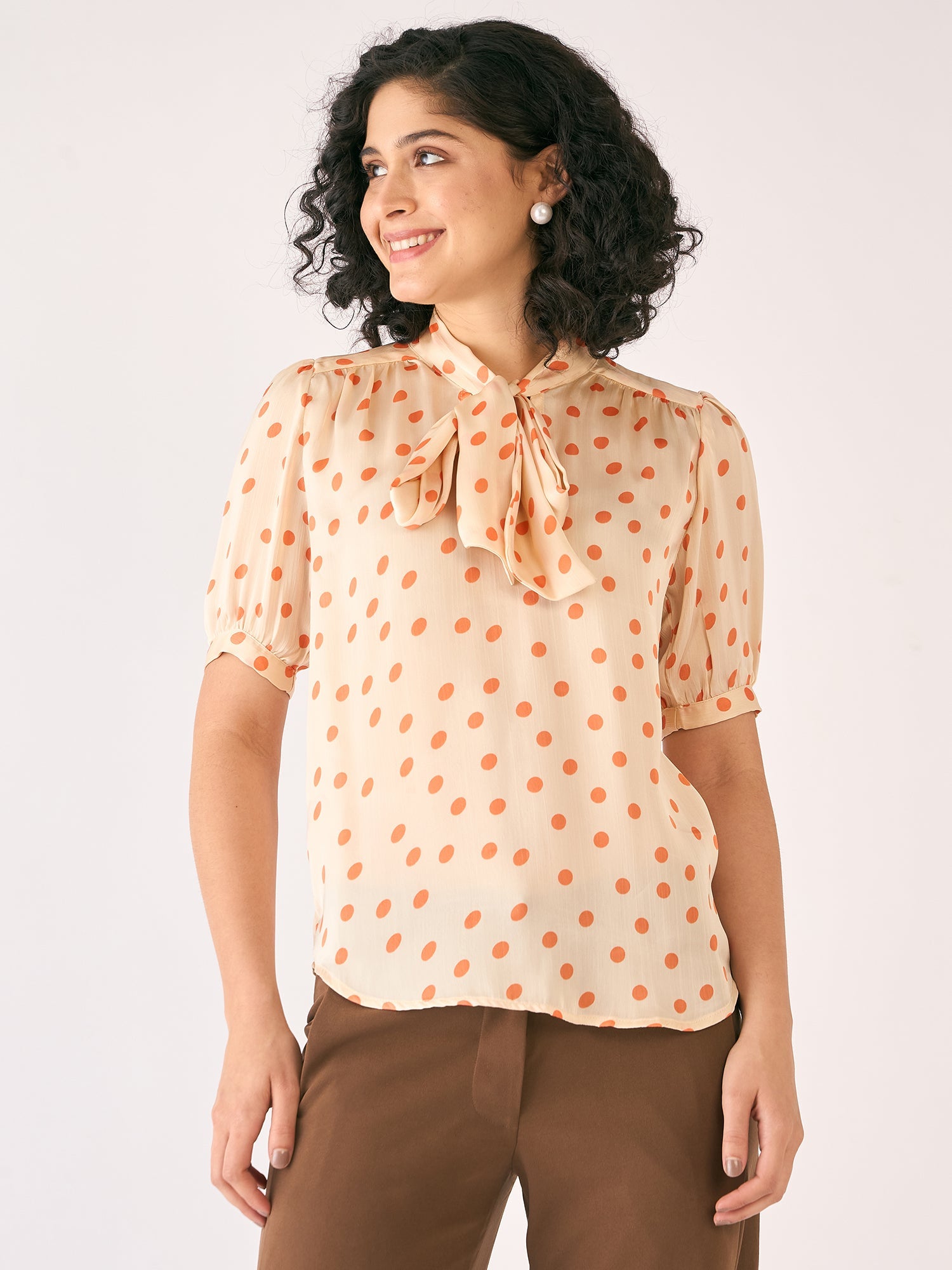 Celestia Polka Neck Tie Top-White/Orange