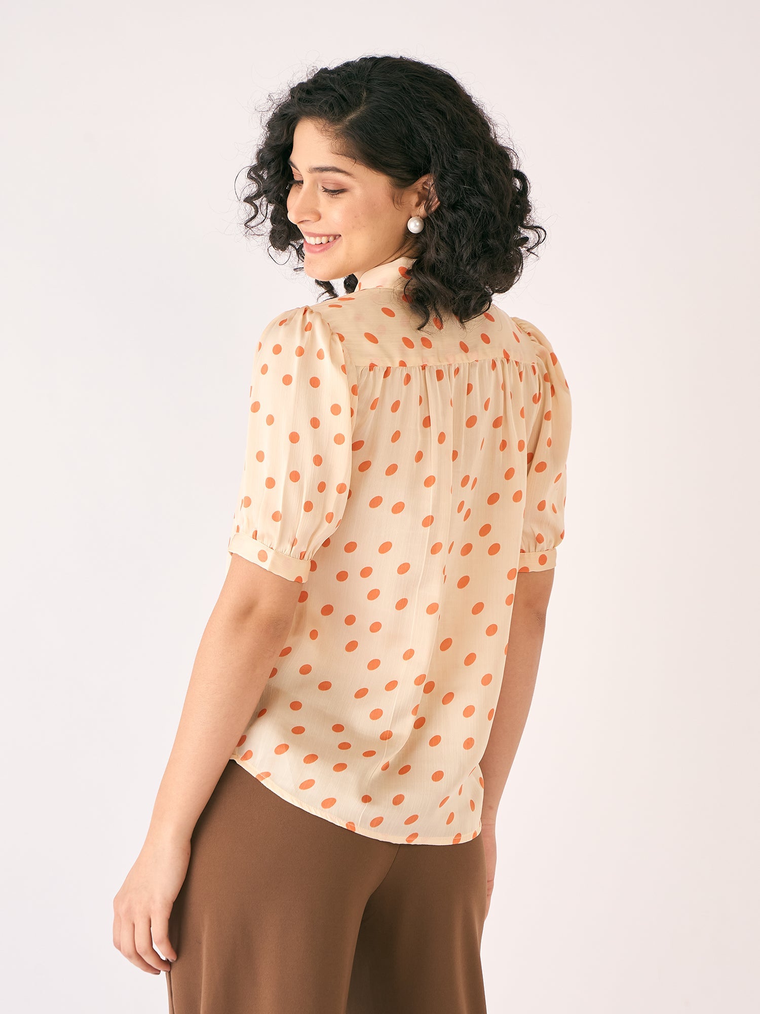 Celestia Polka Neck Tie Top-White/Orange