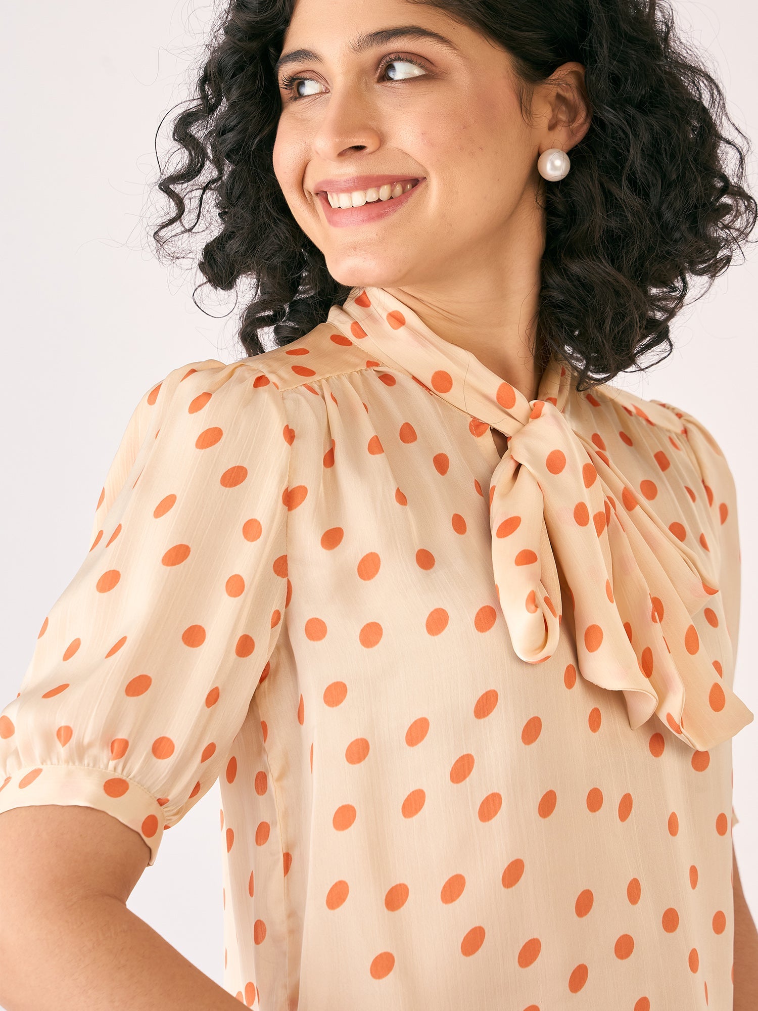 Celestia Polka Neck Tie Top-White/Orange