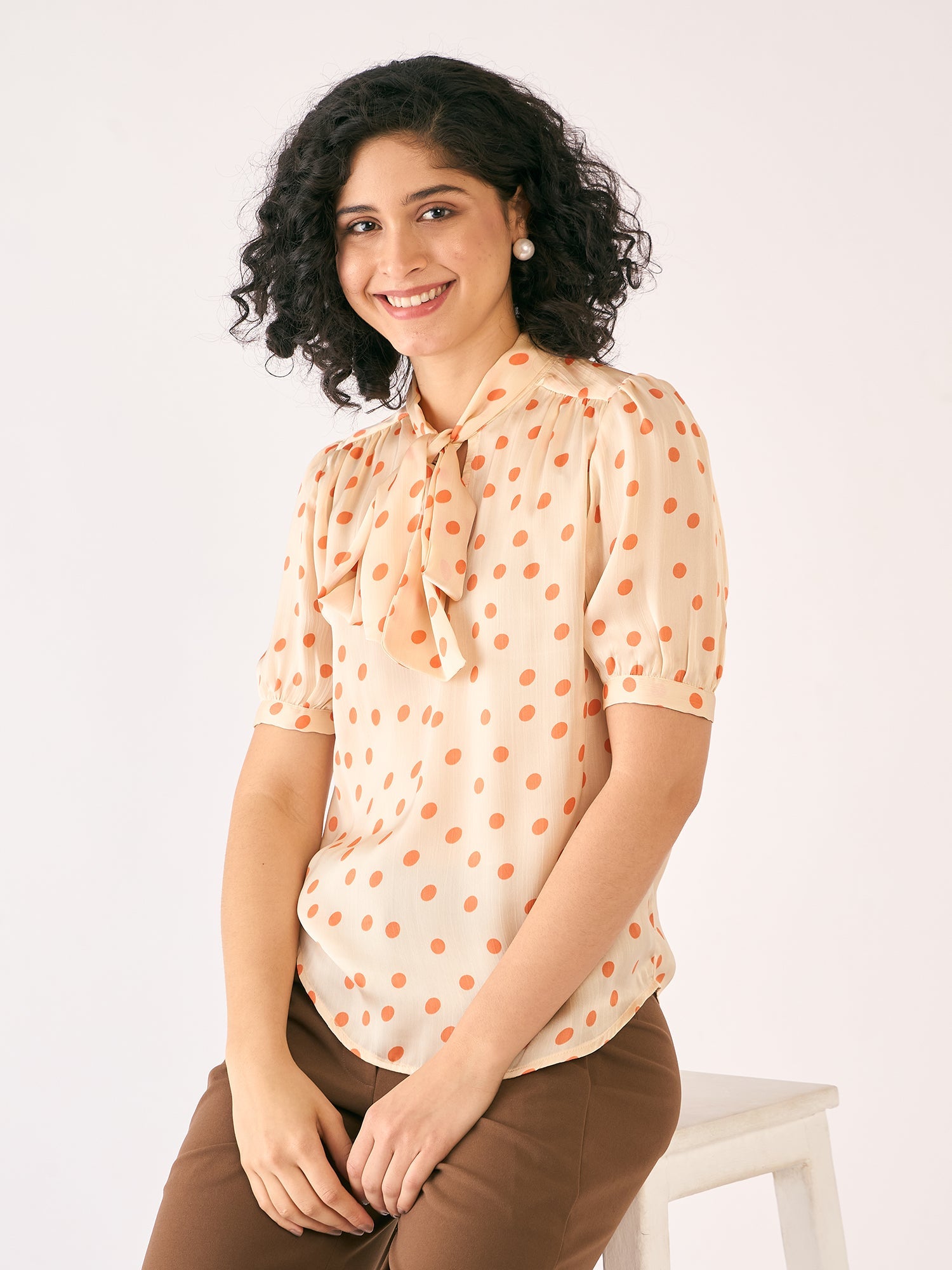 Celestia Polka Neck Tie Top-White/Orange