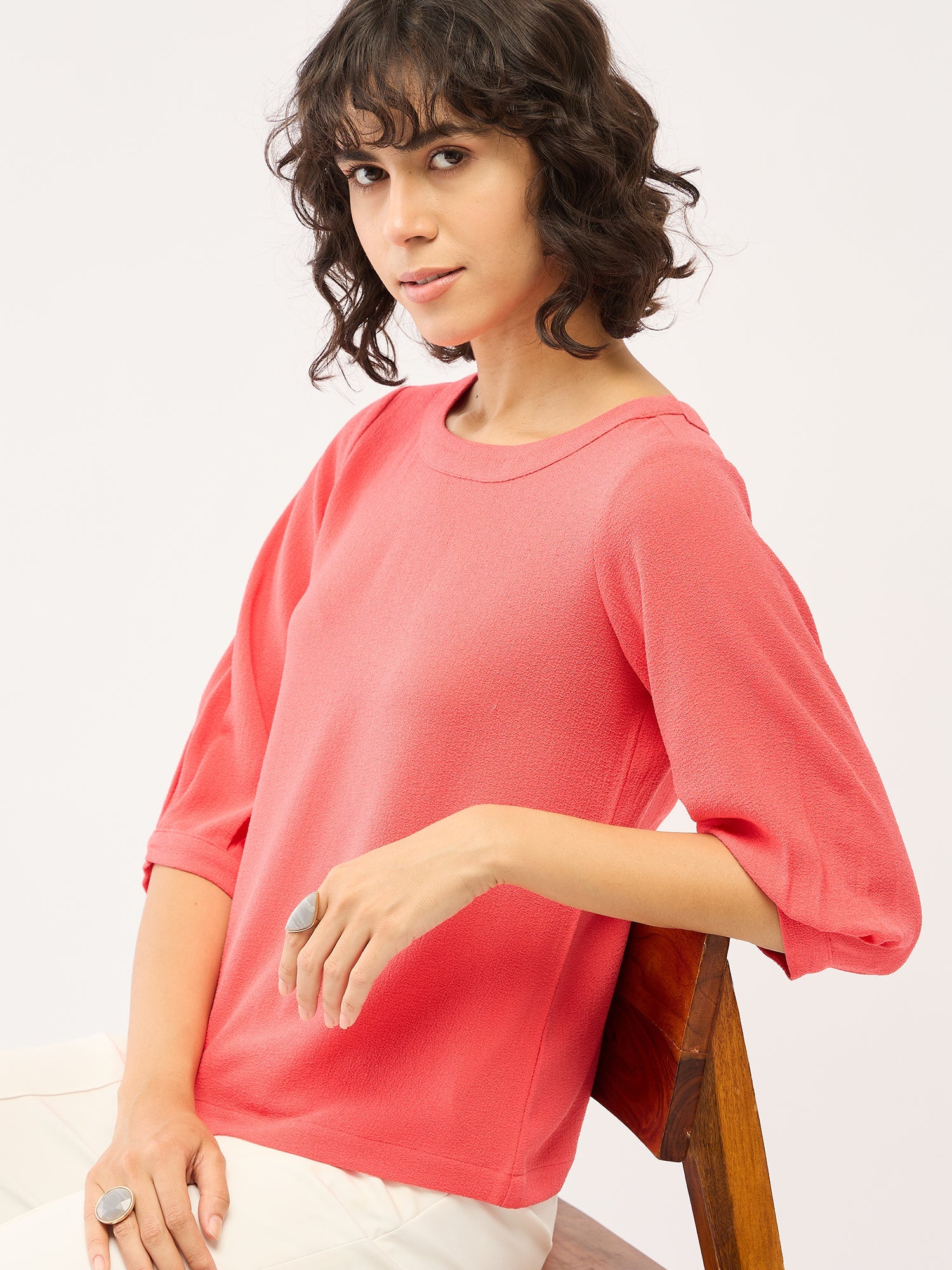 Nectarine Puffed Sleeves Top-Neon Pink