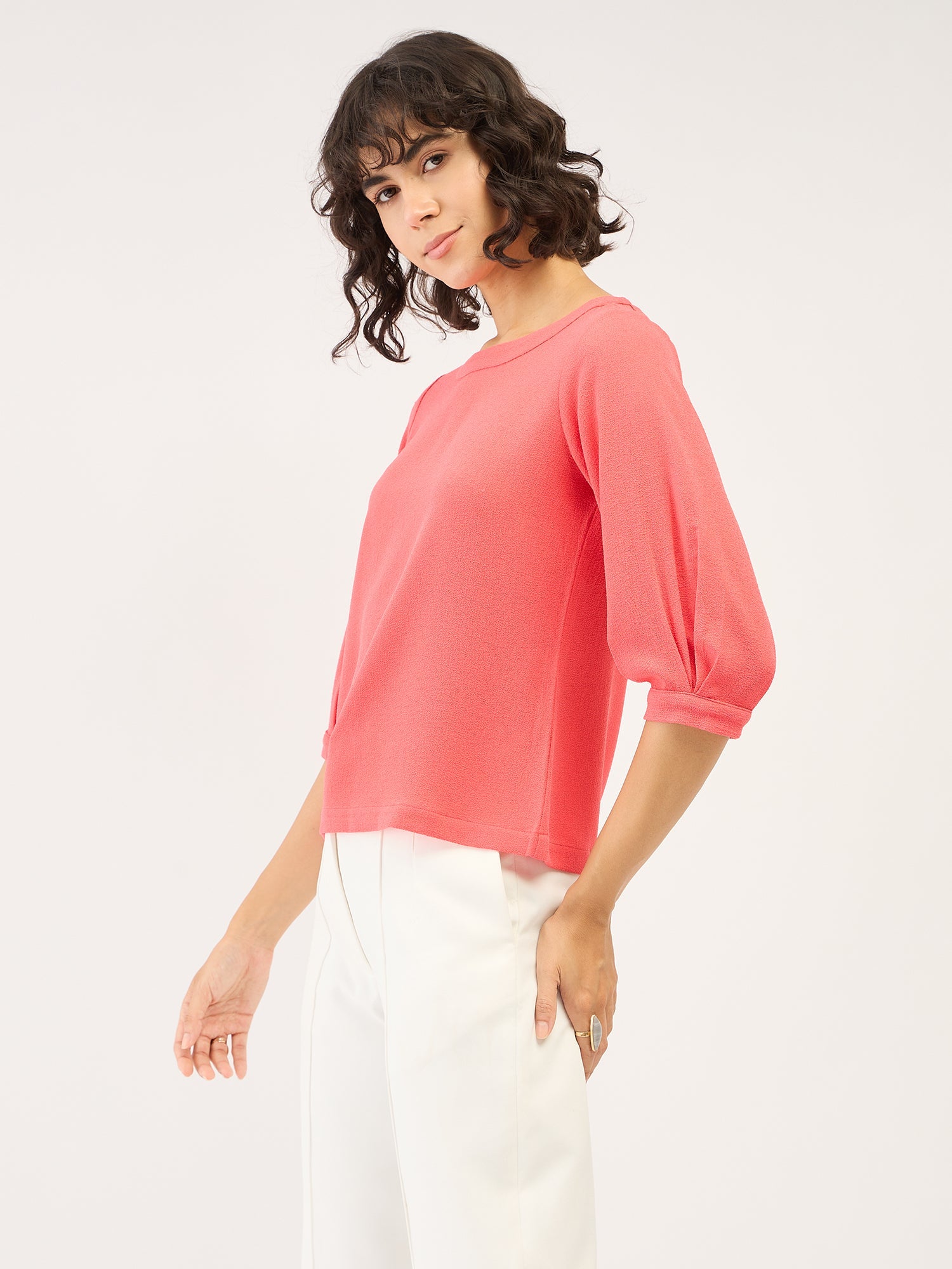 Nectarine Puffed Sleeves Top-Neon Pink