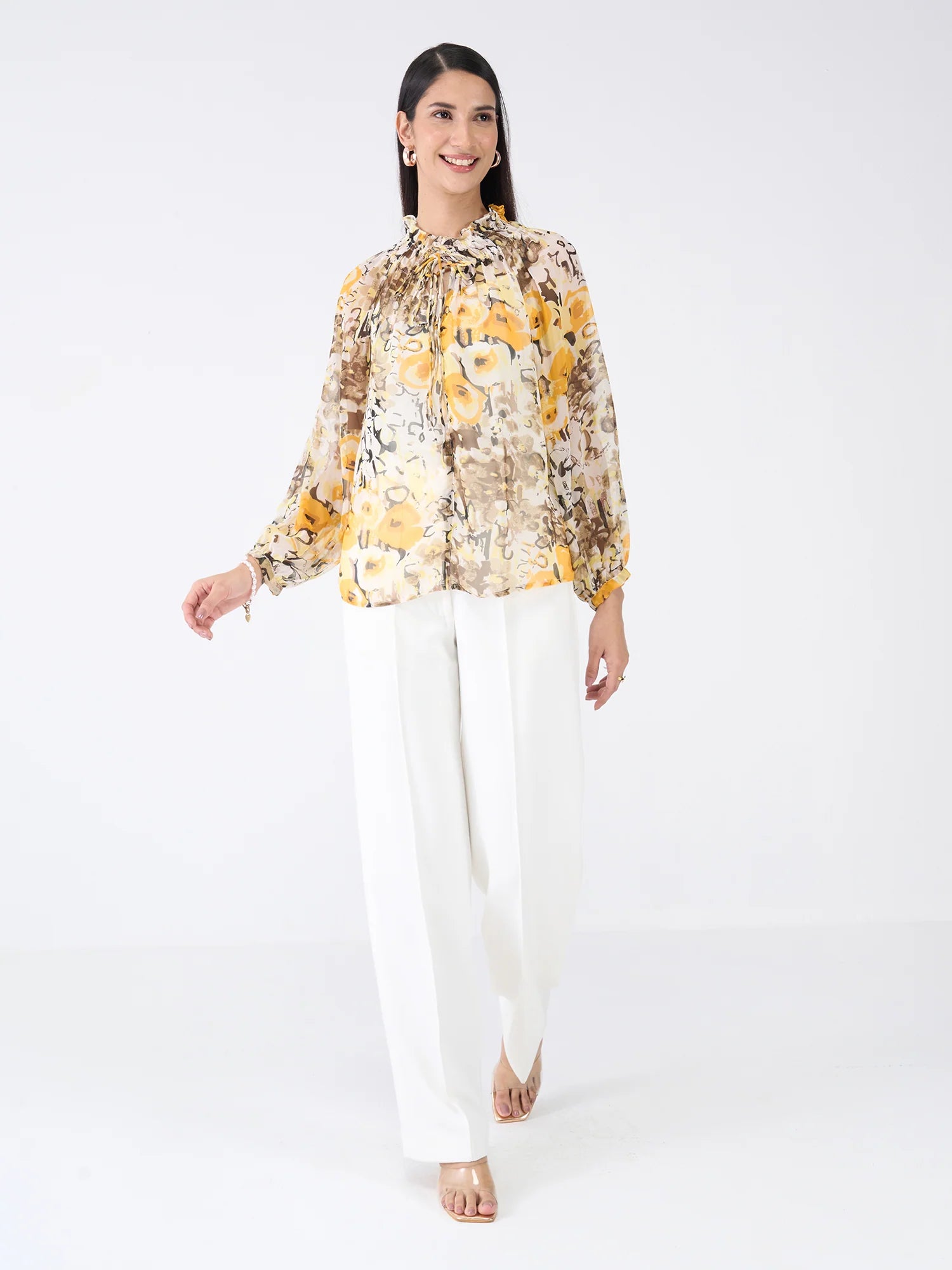 Mossy Floral Smocked Neckline Top-Multicolor