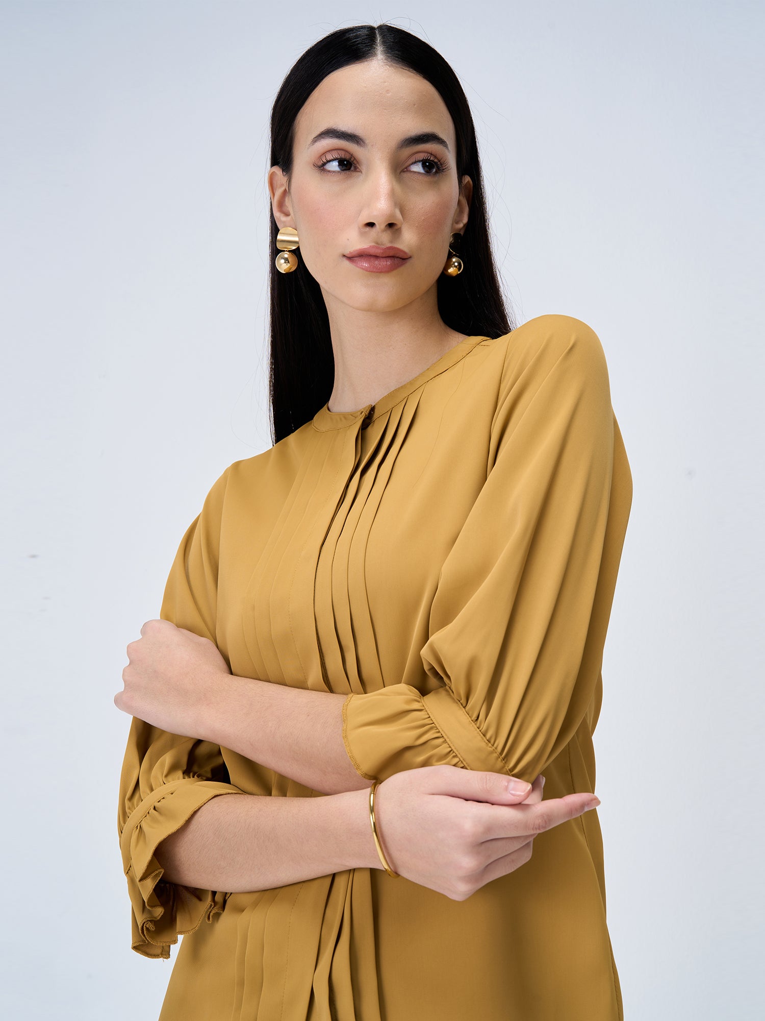 Pansy Gimlet Pintuck Detailing Top-Mustard
