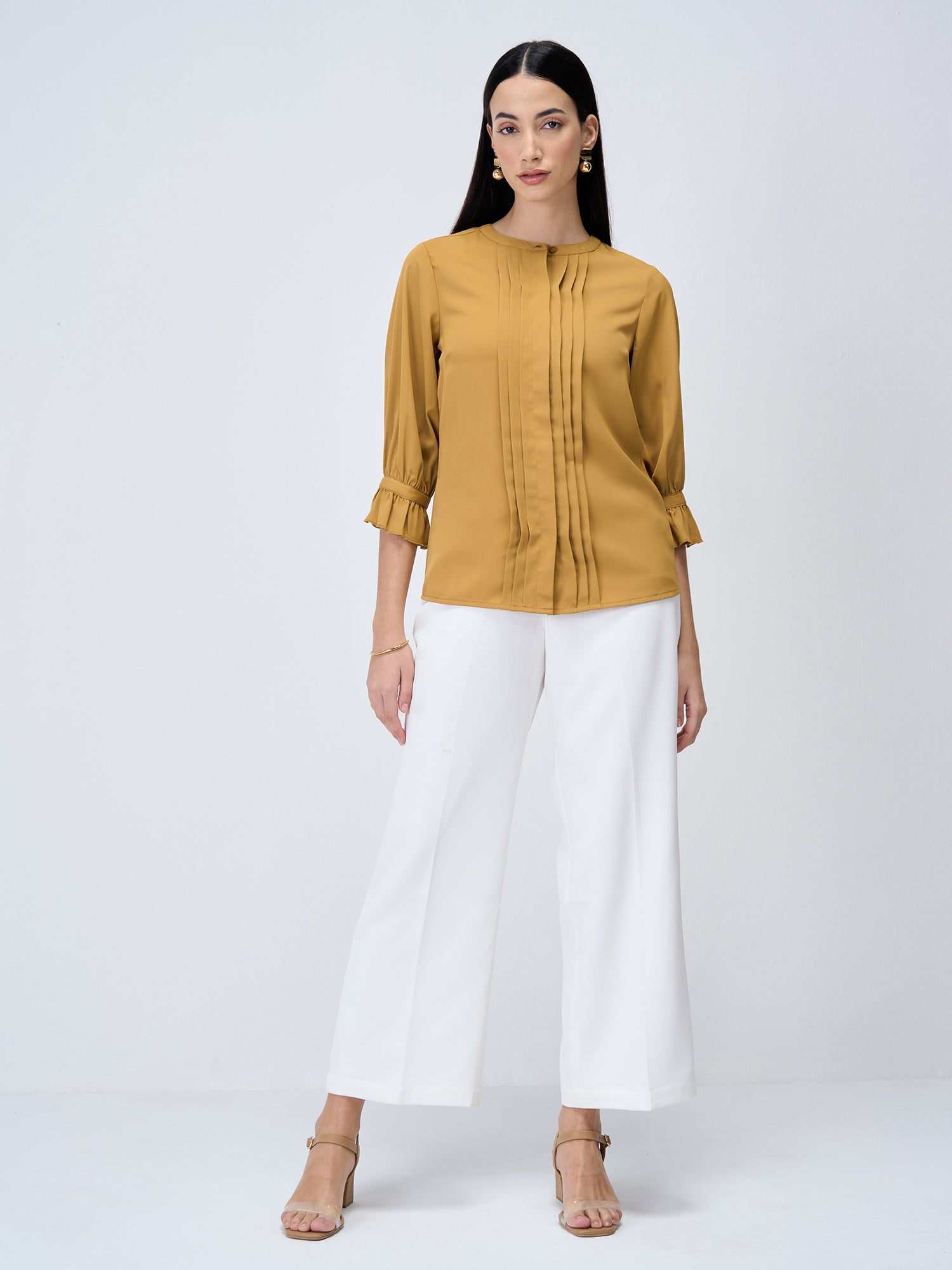 Pansy Gimlet Pintuck Detailing Top-Mustard