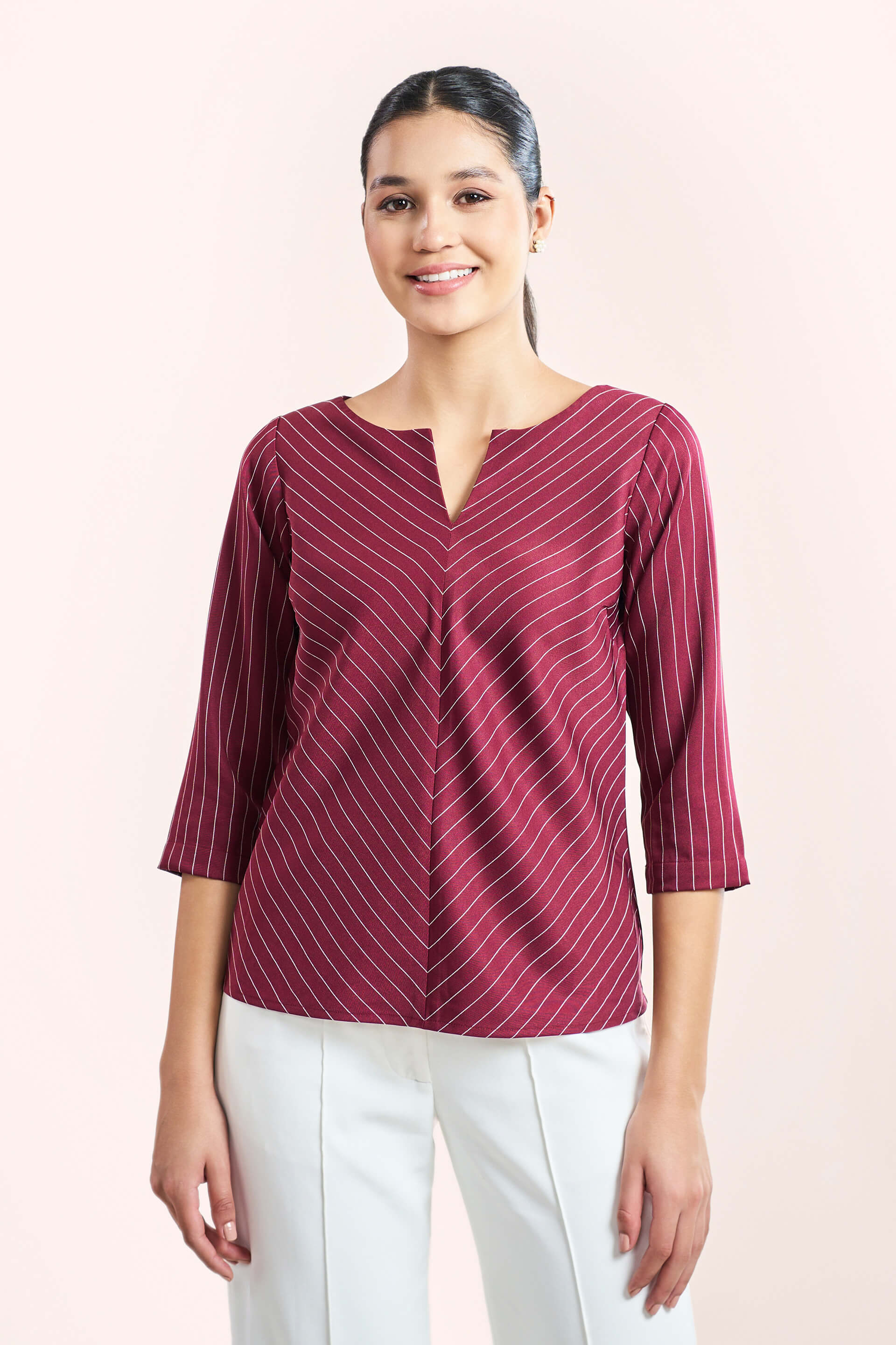 Askew-Maroon Striped V-Neck Slit Top - Maroon & White