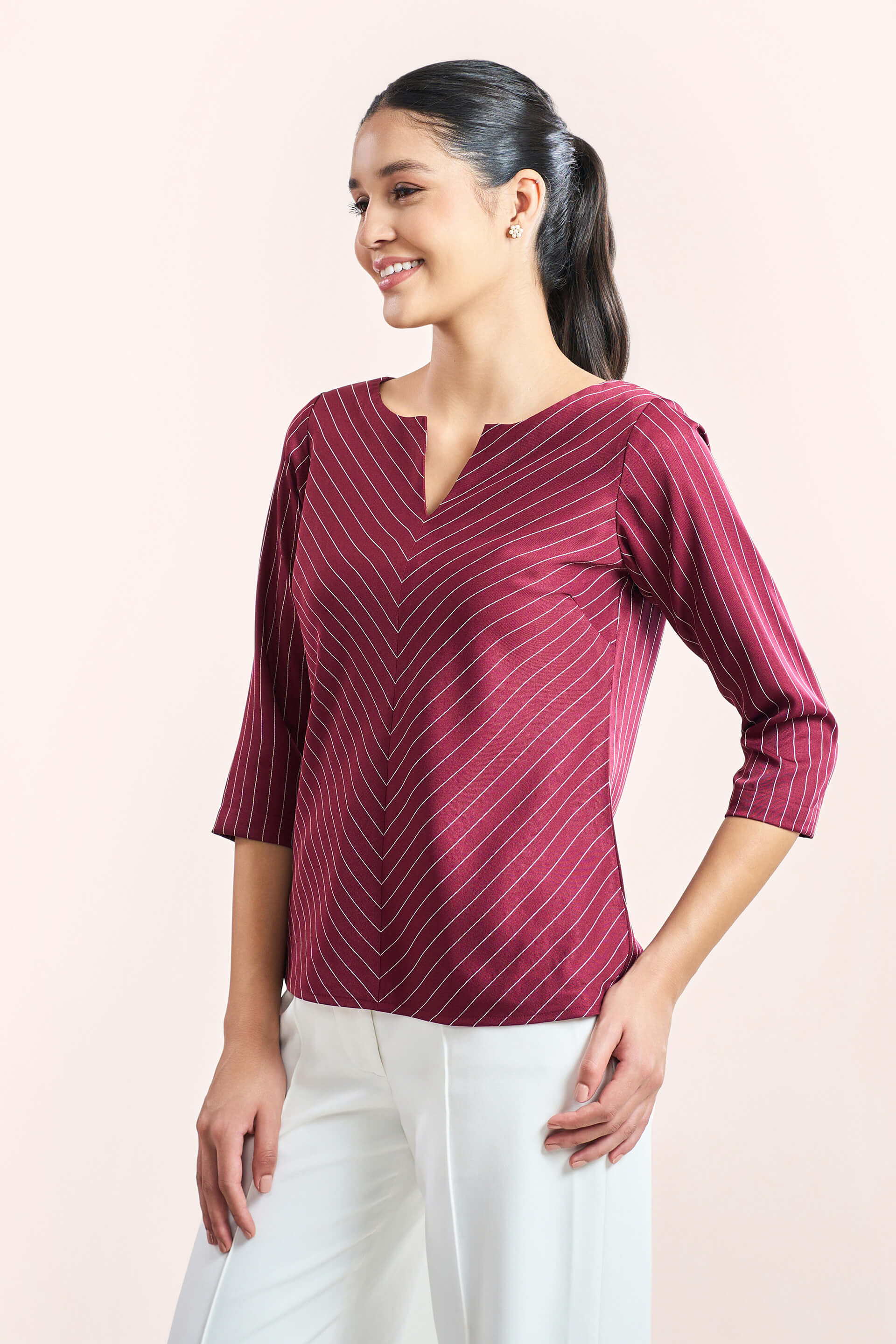 Askew-Maroon Striped V-Neck Slit Top - Maroon & White