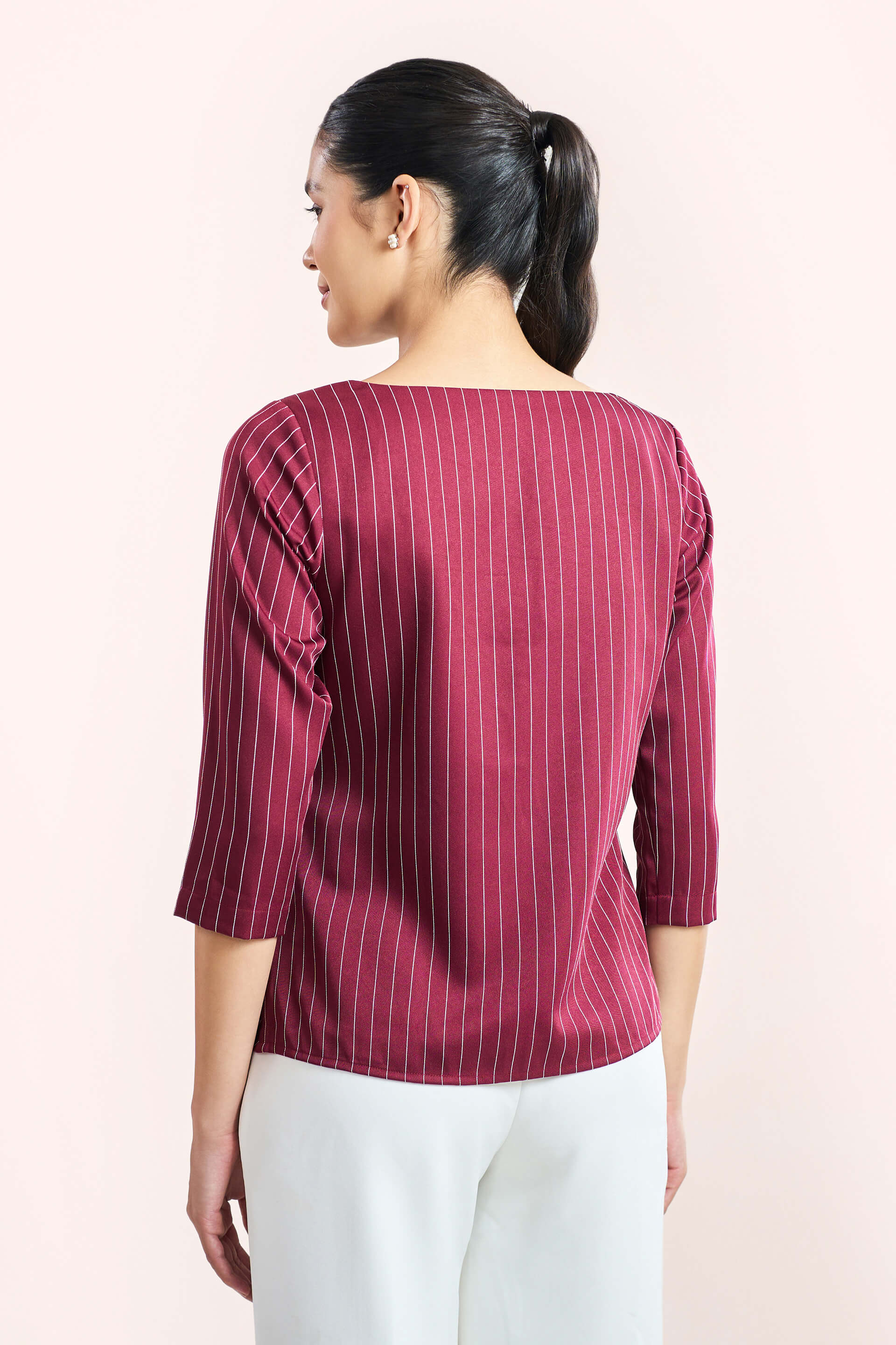 Askew-Maroon Striped V-Neck Slit Top - Maroon & White