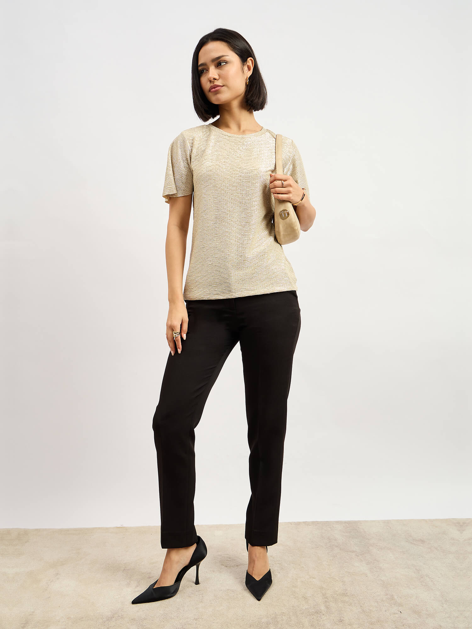 Zina Flared Sleeve Plisse Top - Gold
