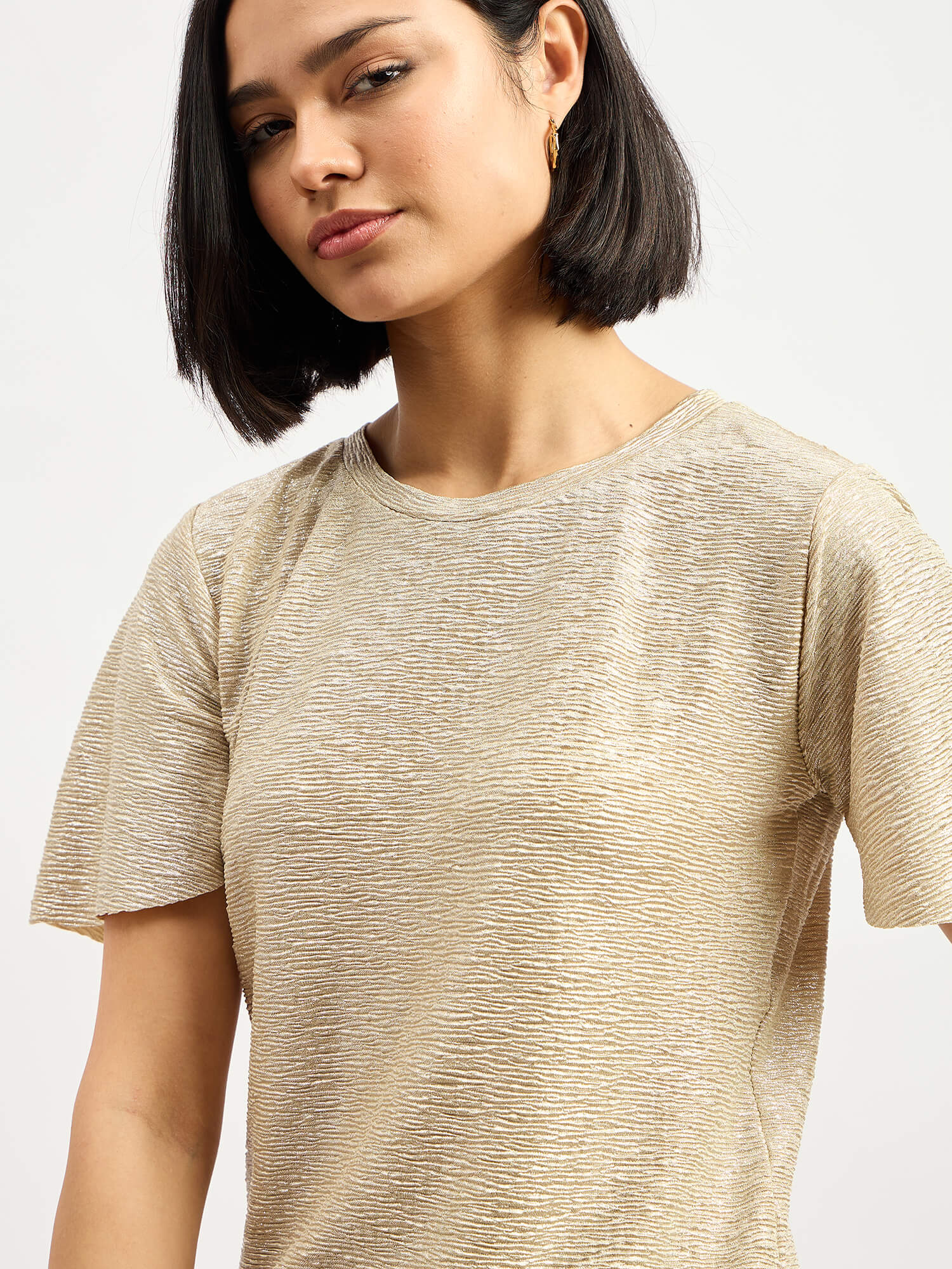 Zina Flared Sleeve Plisse Top - Gold