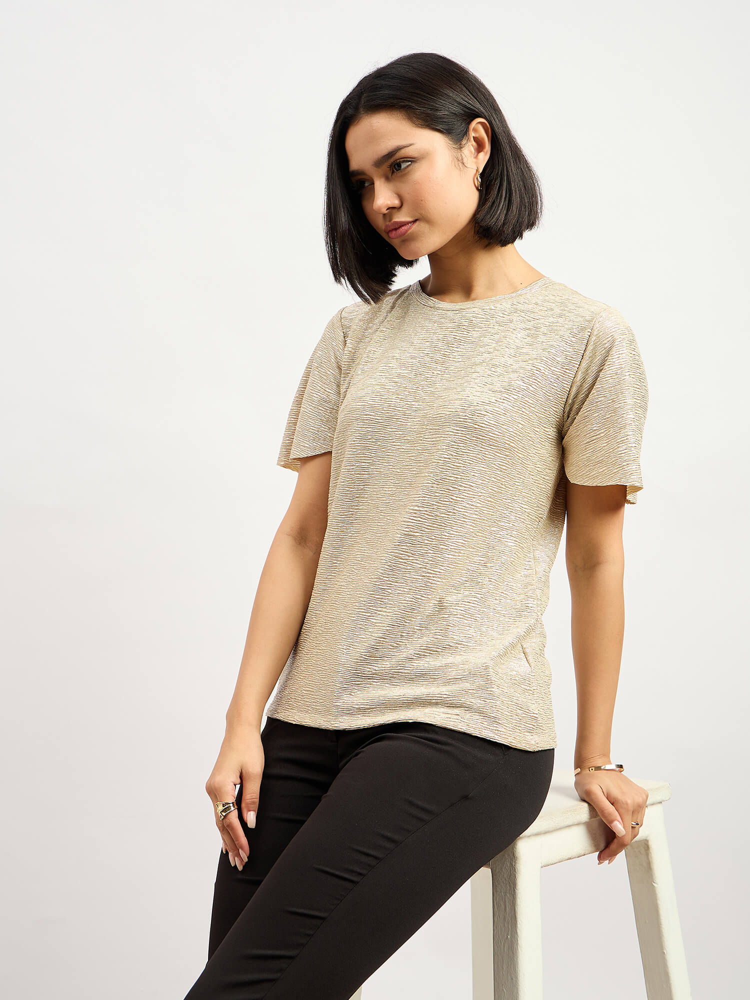 Zina Flared Sleeve Plisse Top - Gold