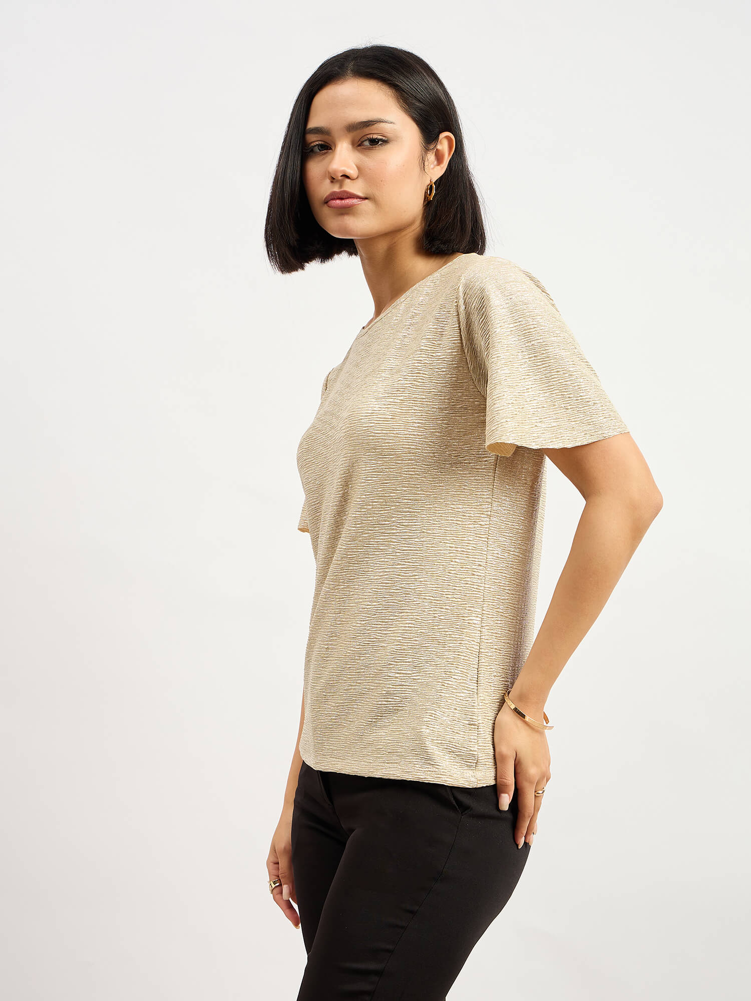 Zina Flared Sleeve Plisse Top - Gold