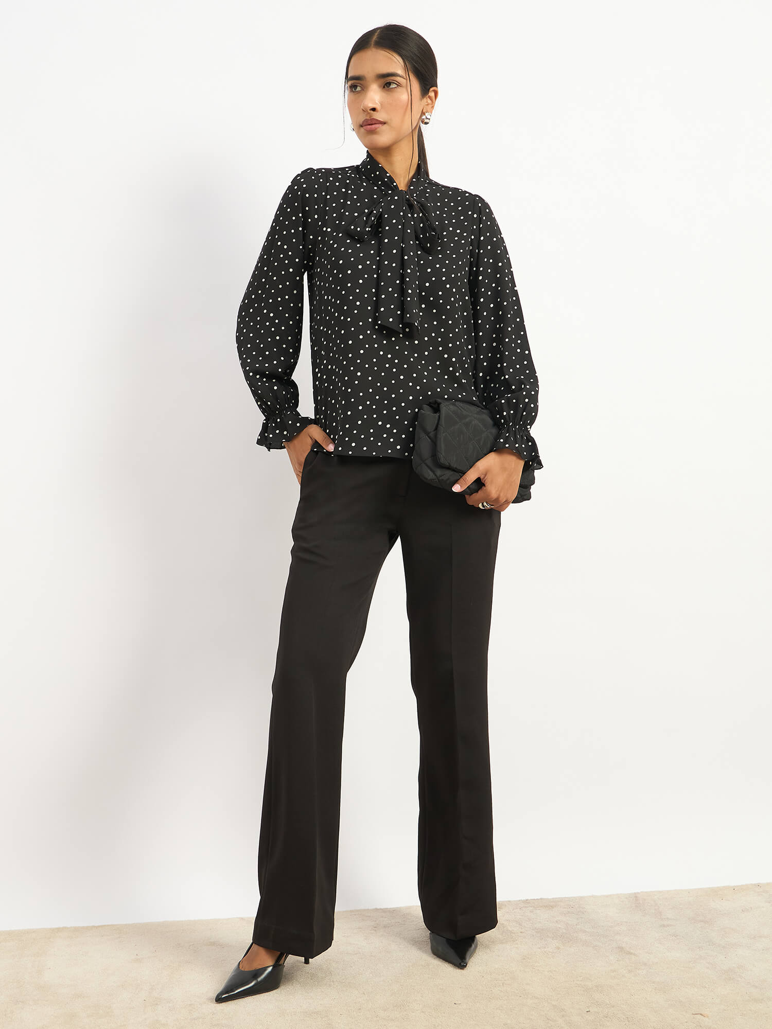 Dion Tie Up Blouse - Black Polka