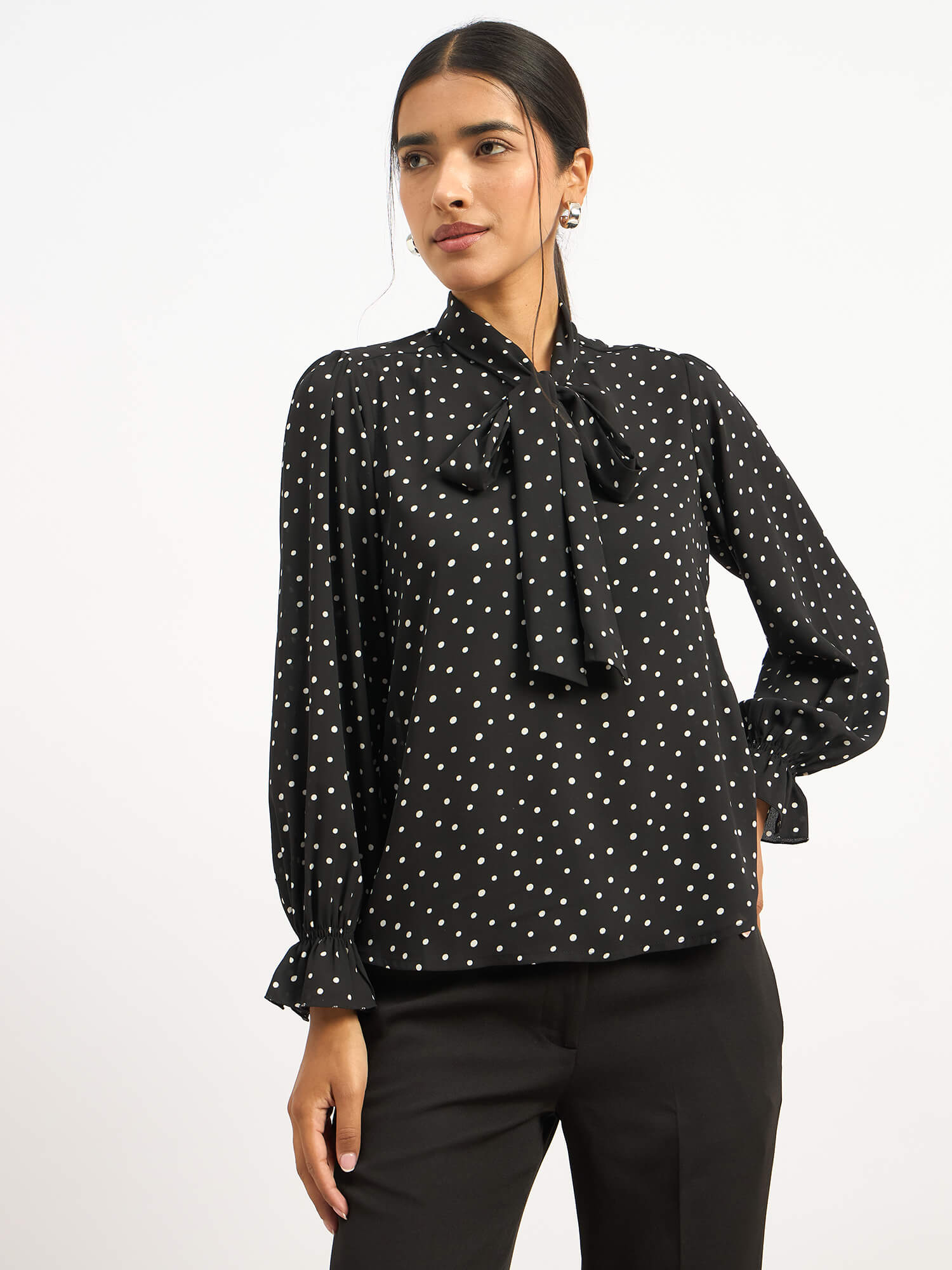 Dion Tie Up Blouse - Black Polka