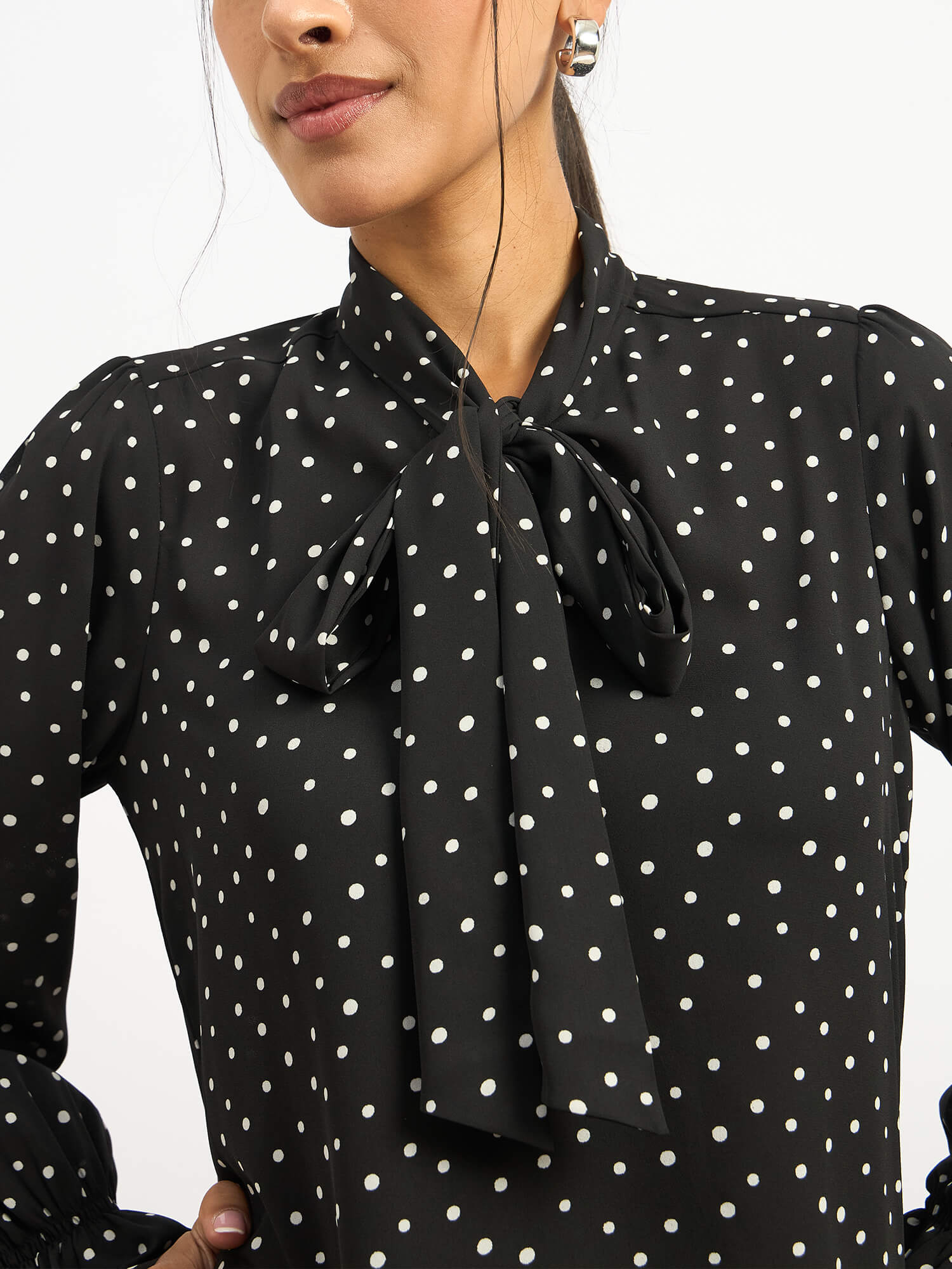 Dion Tie Up Blouse - Black Polka