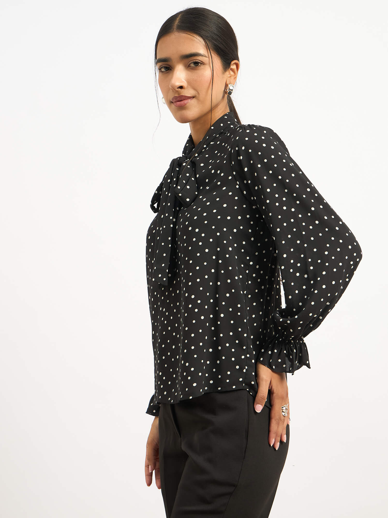 Dion Tie Up Blouse - Black Polka
