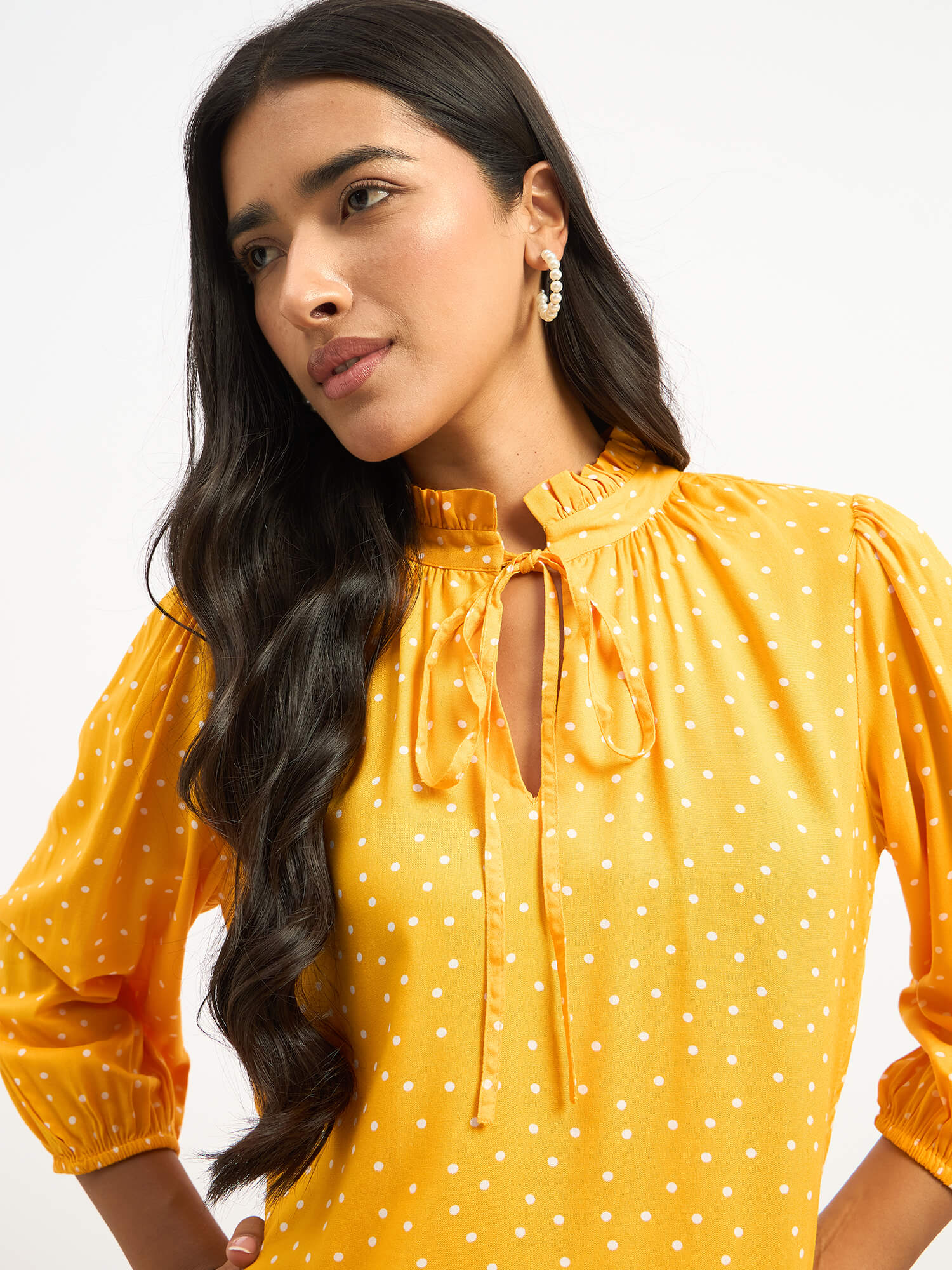 Zebi Tie-up Ruffled Neck Top - Yellow