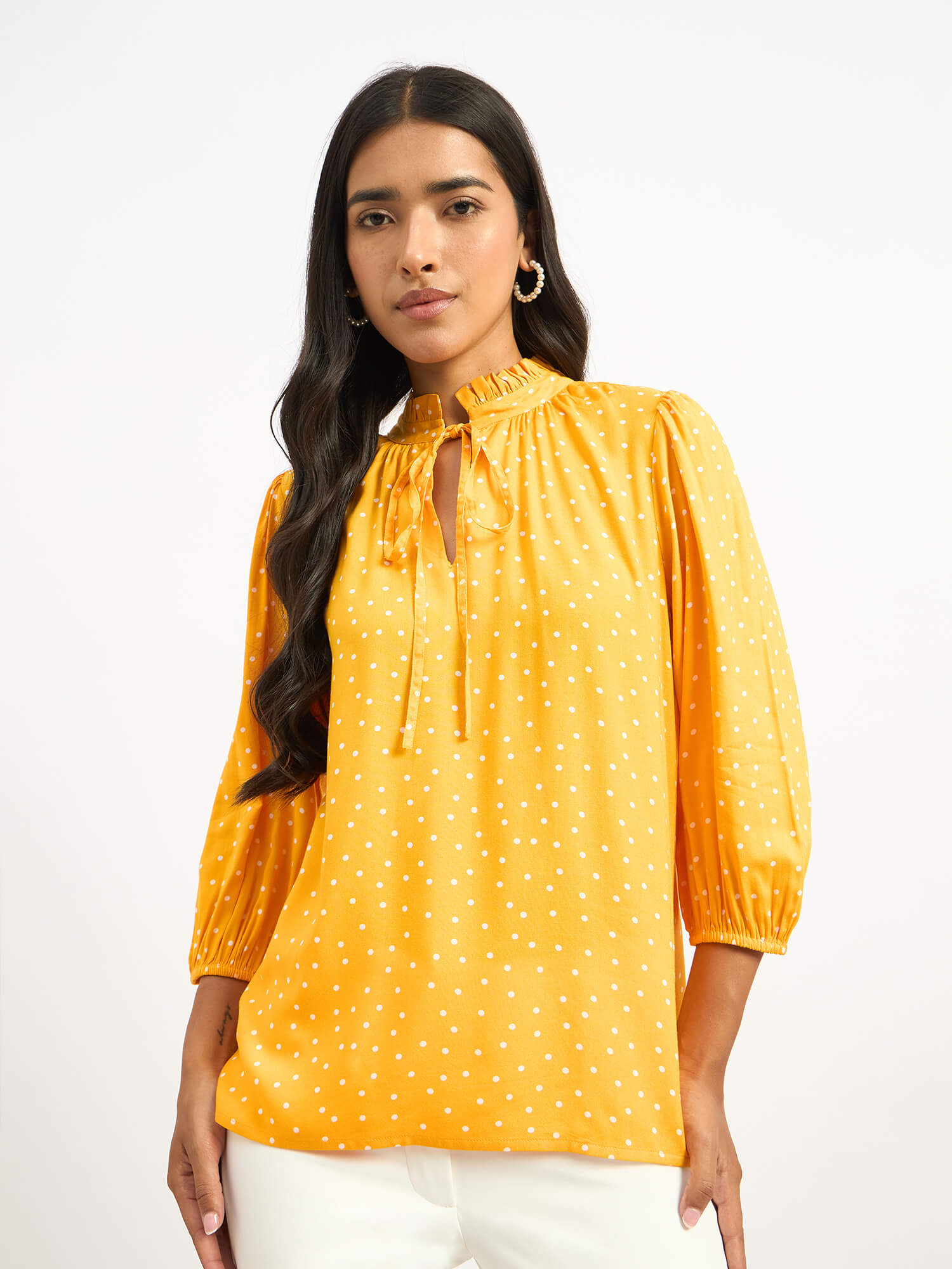 Zebi Tie-up Ruffled Neck Top - Yellow