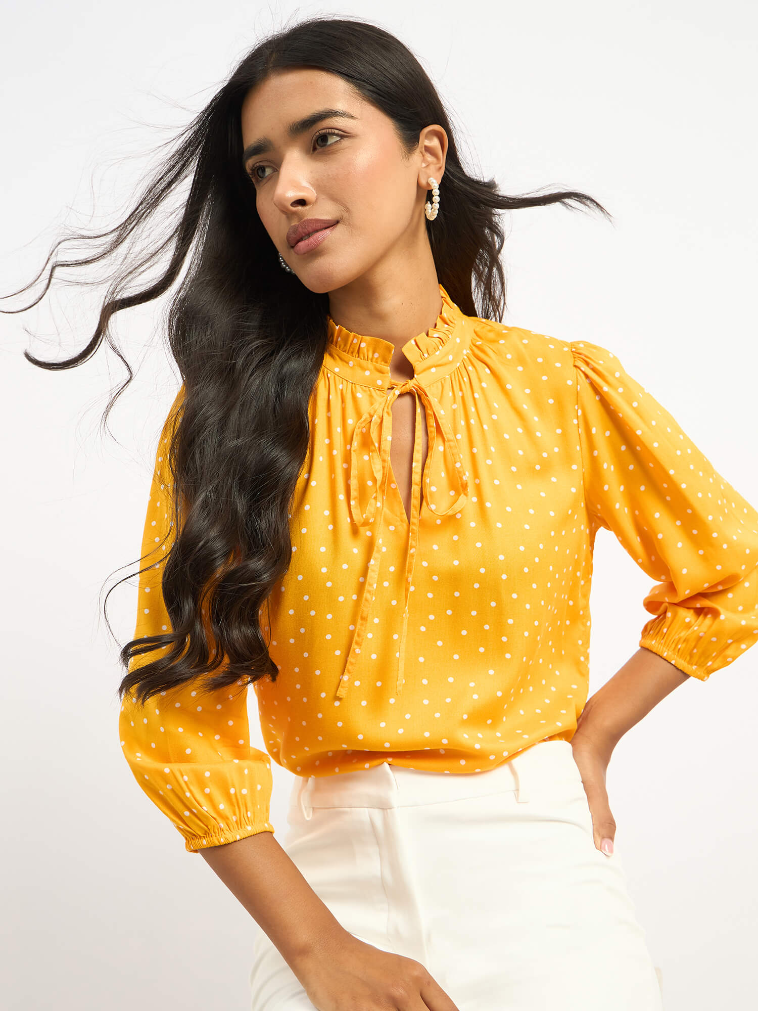 Zebi Tie-up Ruffled Neck Top - Yellow