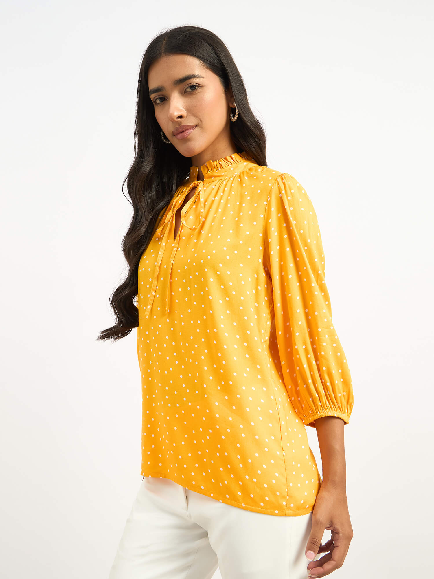 Zebi Tie-up Ruffled Neck Top - Yellow