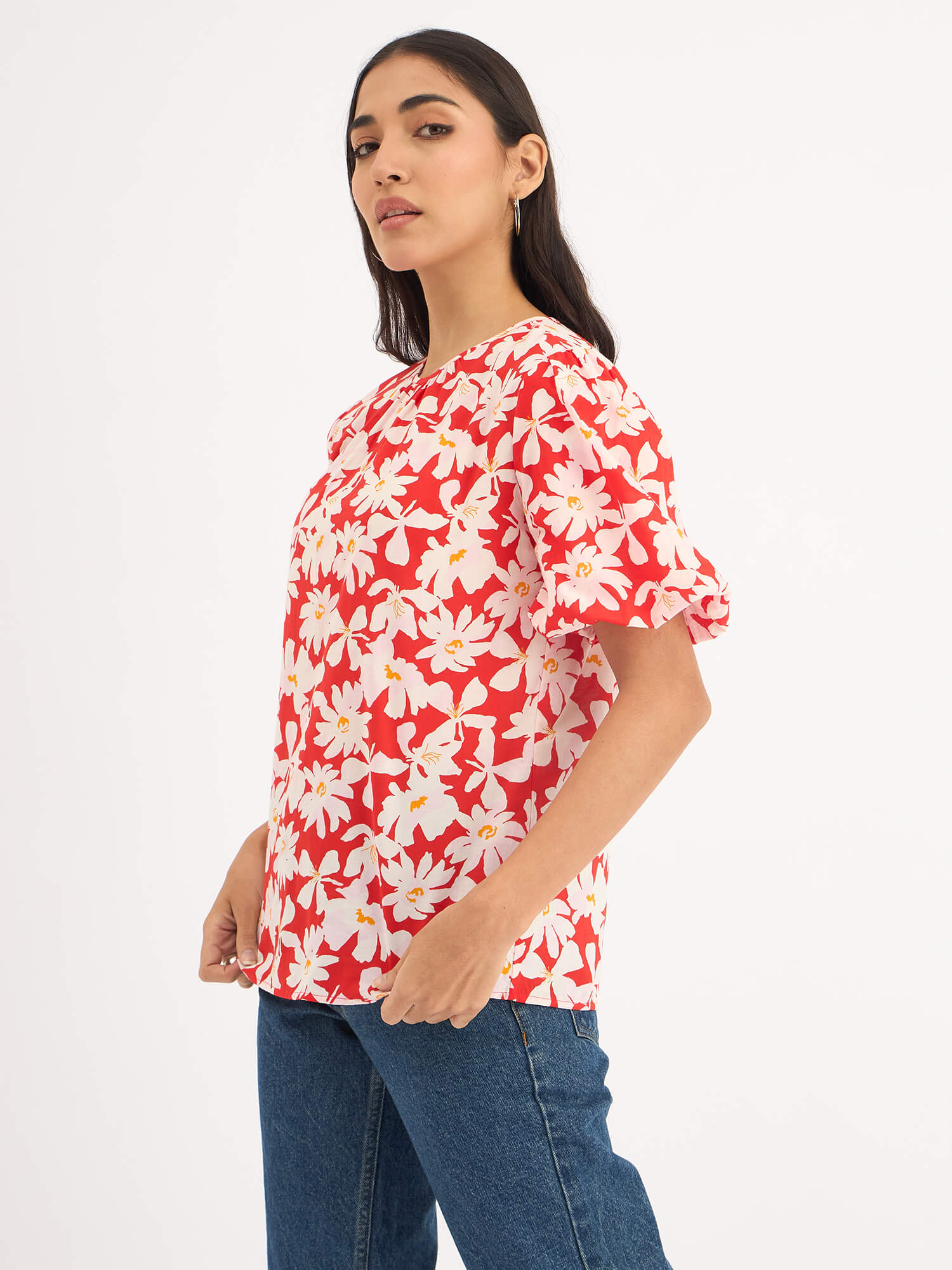 Myla Floral Pleated Neck Puff Sleeve Top - Red