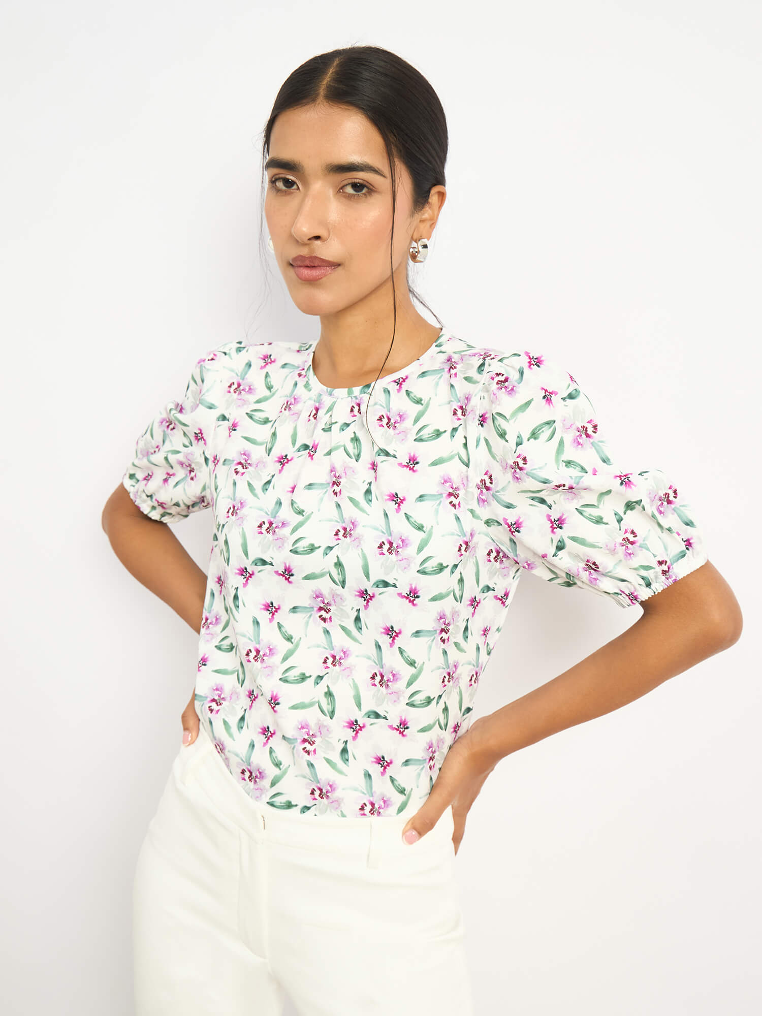 Darcey Puff Sleeve Pleated Neck Top - Pink Floral