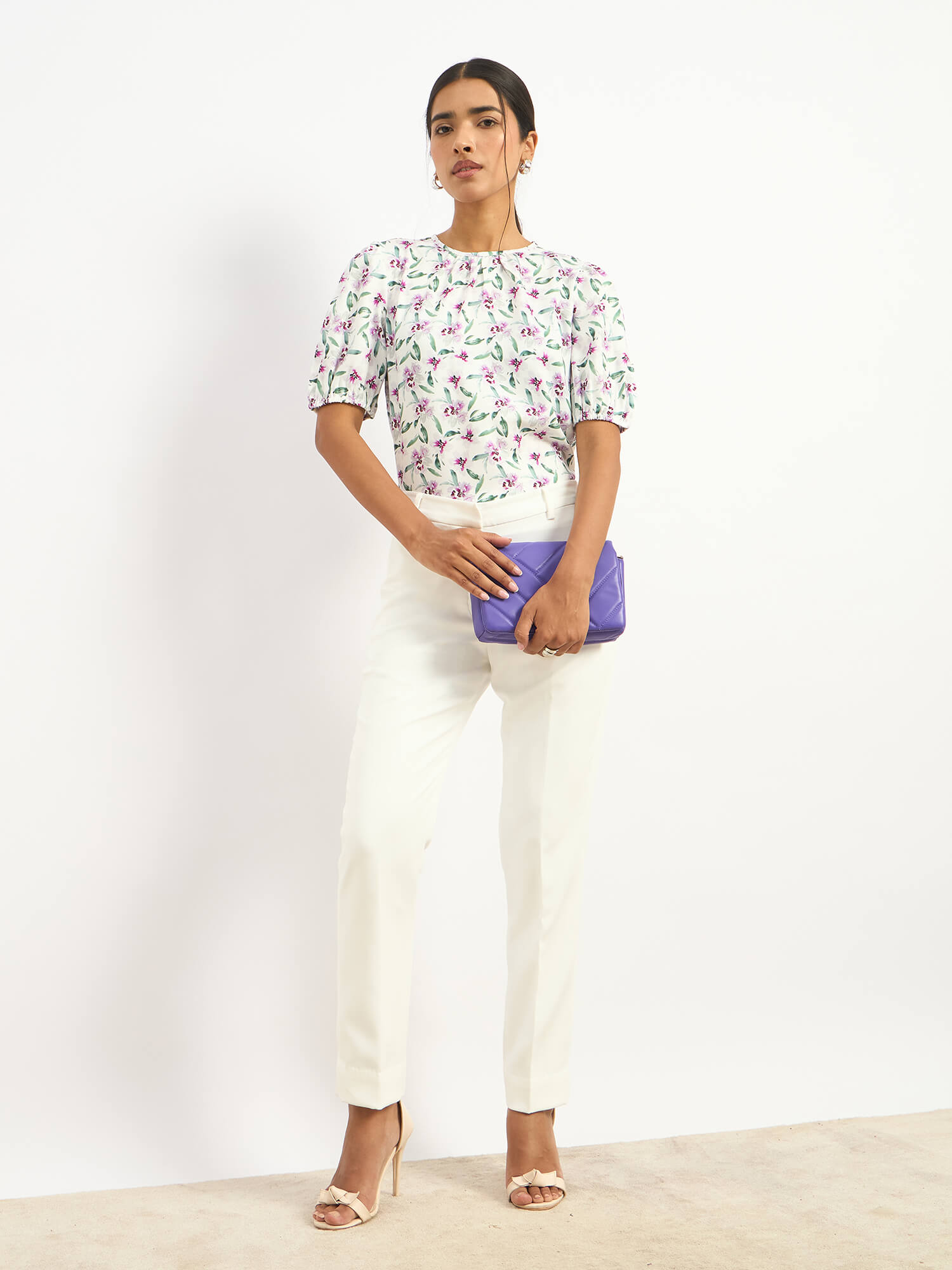 Darcey Puff Sleeve Pleated Neck Top - Pink Floral