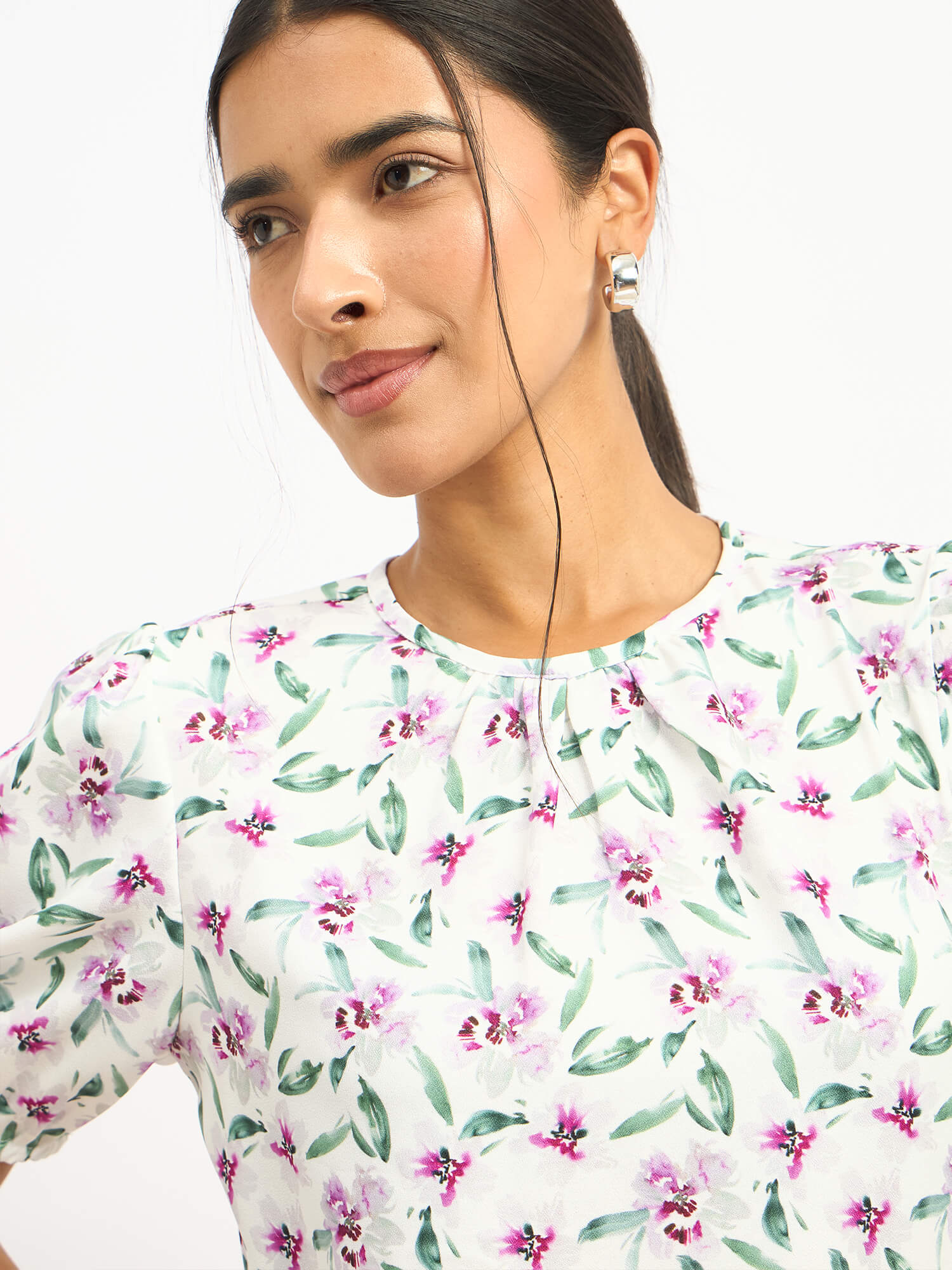 Darcey Puff Sleeve Pleated Neck Top - Pink Floral