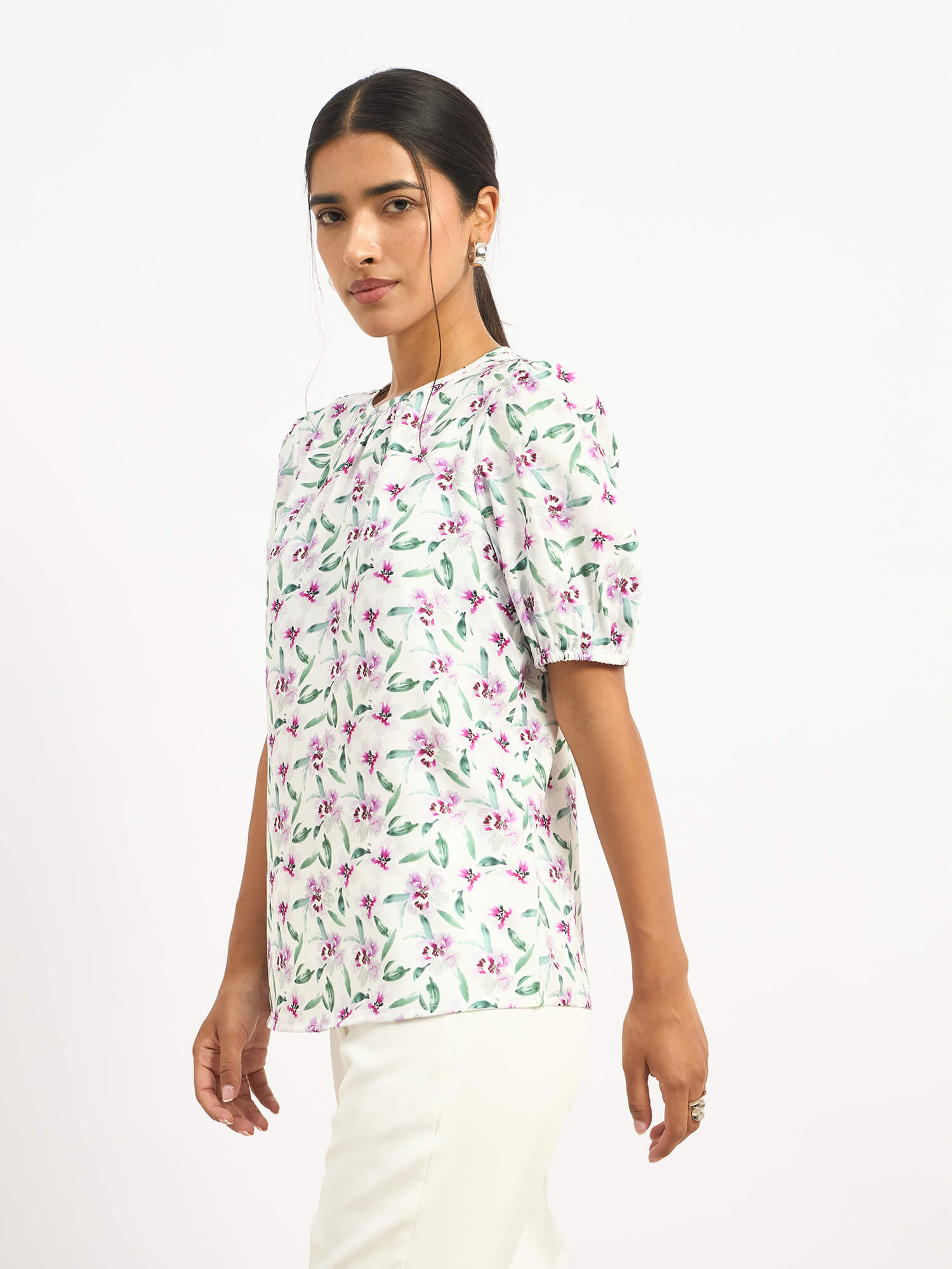 Darcey Puff Sleeve Pleated Neck Top - Pink Floral