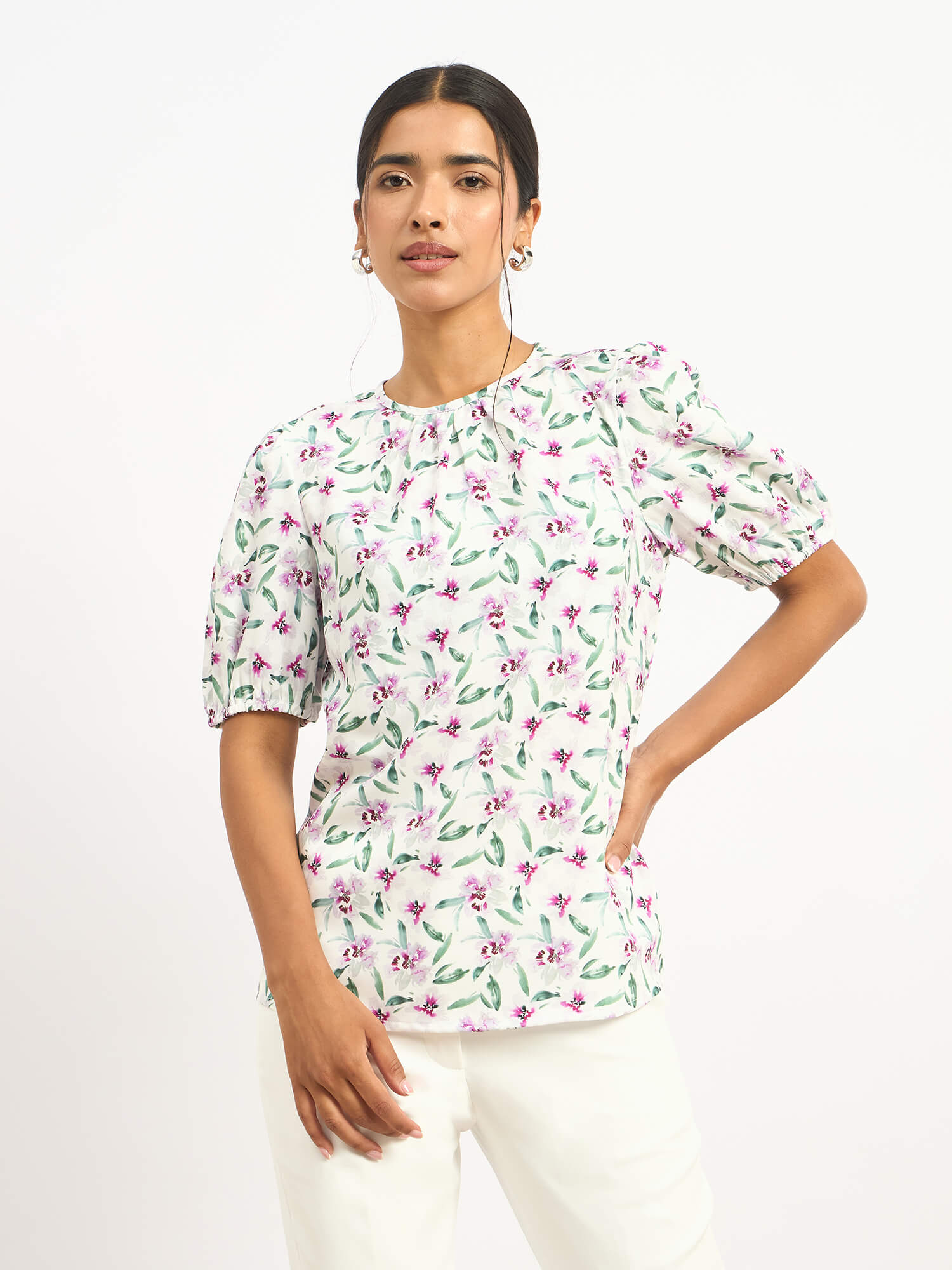 Darcey Puff Sleeve Pleated Neck Top - Pink Floral