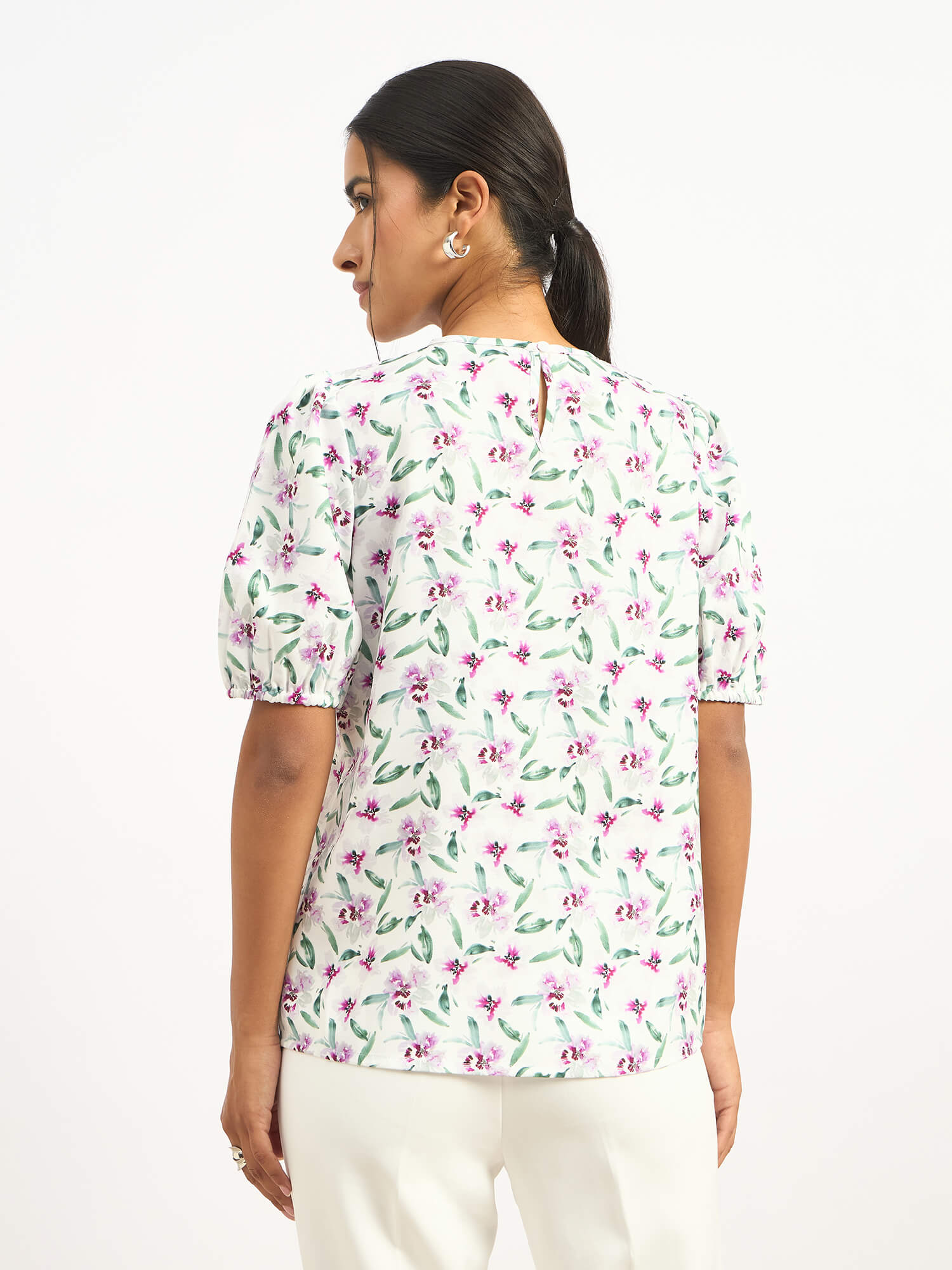 Darcey Puff Sleeve Pleated Neck Top - Pink Floral